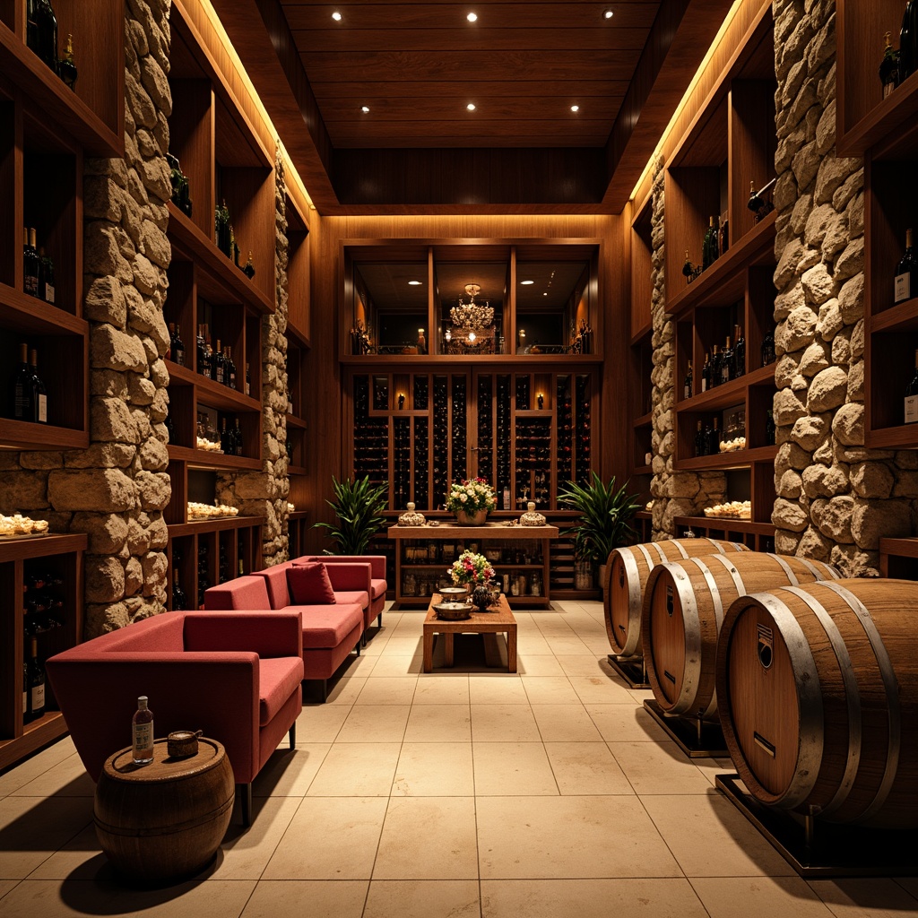 Prompt: Luxurious wine cellar, rich wood tones, warm earthy colors, velvety dark reds, deep plums, soft golden lighting, ornate metalwork, vintage wine barrels, rustic stone walls, dimly lit atmosphere, dramatic shadows, subtle texture overlays, warm beige flooring, classic traditional architecture, sophisticated ambiance, intimate seating areas, elegant wooden cabinets, refined glassware displays.