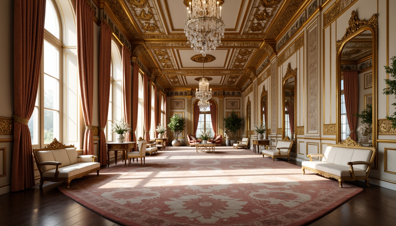 Prompt: Ornate palace interior, gold leaf accents, crystal chandeliers, intricately carved furniture, velvet drapes, ornamental mirrors, delicate porcelain vases, pastel color palette, soft warm lighting, shallow depth of field, 1/1 composition, intimate atmosphere, lavish textiles, gilded frames, curved lines, whimsical motifs, French-inspired elegance.