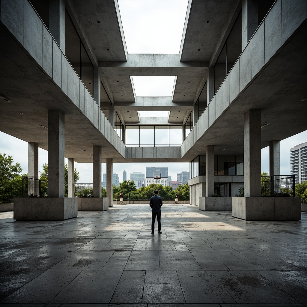 Prompt: Exposed concrete structures, rugged brutalist architecture, open-air courtyard, athletic tracks, basketball courts, tennis fields, sports equipment, minimalist decor, industrial-style lighting, raw metal beams, functional layout, abundant natural light, clerestory windows, high ceilings, urban landscape views, overcast sky, dramatic shading, low-angle photography, gritty textures, realistic rendering.