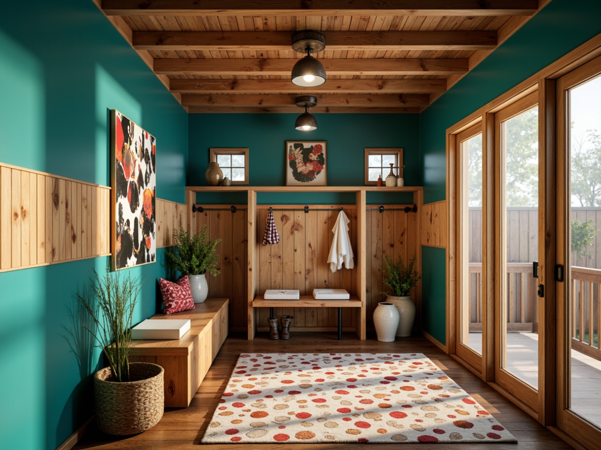 Prompt: Eclectic mudroom, bold color blocking, vibrant turquoise walls, rich brown wood accents, playful polka dot patterns, chunky industrial lighting fixtures, distressed metal decor, reclaimed wood shelves, natural fiber rugs, organic shapes, abstract artwork, eclectic decorative objects, warm golden lighting, shallow depth of field, 1/1 composition, realistic textures, ambient occlusion.