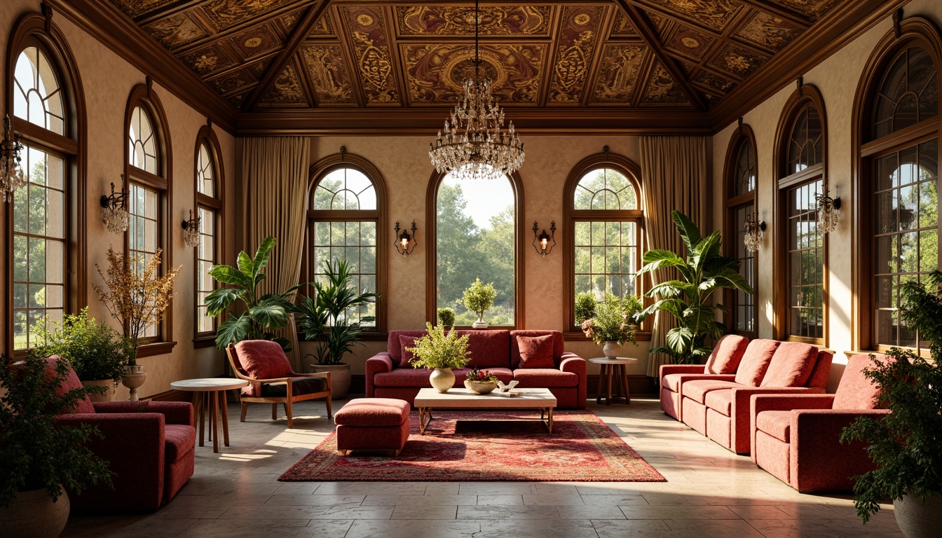 Prompt: Ornate sunroom, lavish furnishings, rich velvet fabrics, gilded wooden frames, intricately carved mirrors, ornamental chandeliers, crystal droplets, plush armchairs, tufted ottomans, luxurious sofas, marble coffee tables, decorative vases, exotic floral arrangements, Baroque-inspired patterns, warm golden lighting, soft diffused shadows, 1/1 composition, realistic textures, ambient occlusion.