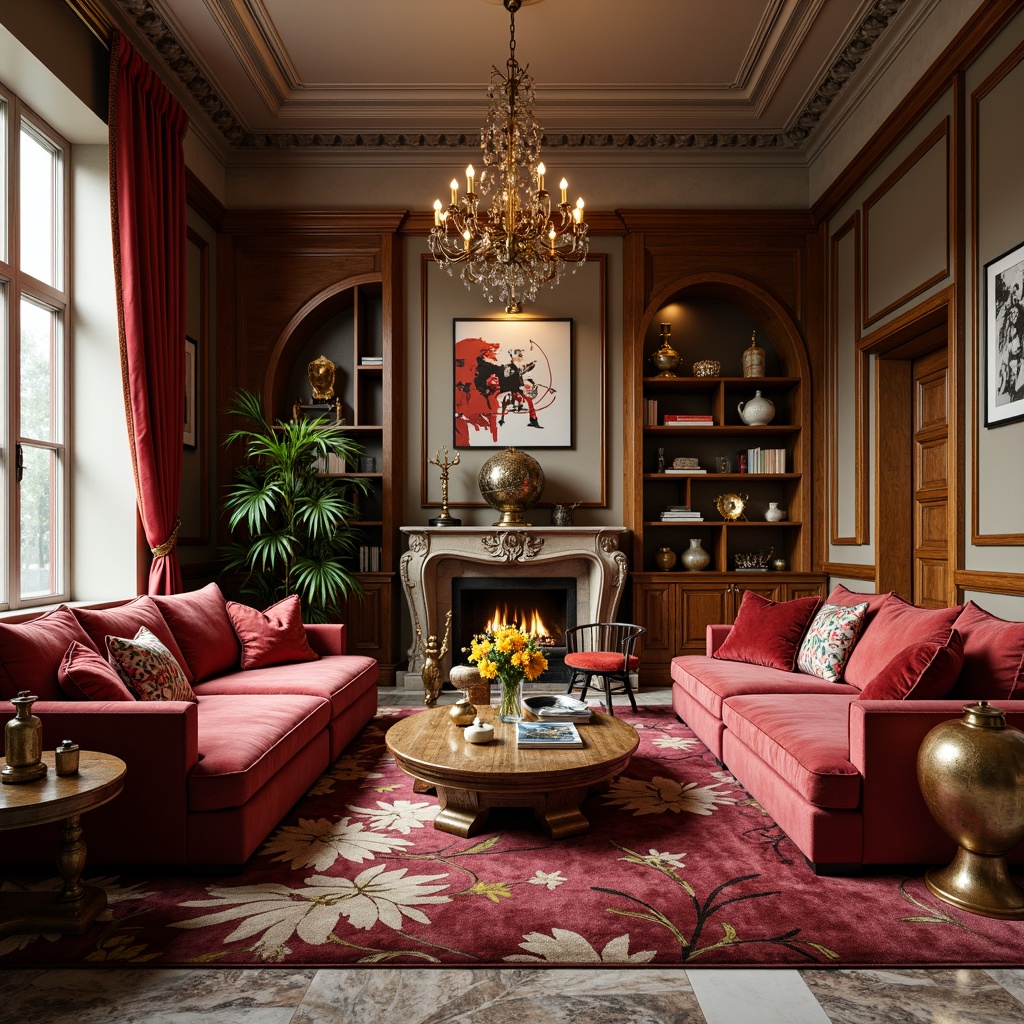 Prompt: Luxurious living room, velvet sofas, ornate coffee tables, geometric patterns, metallic accents, rich wood tones, curved lines, bold color schemes, vintage posters, crystal chandeliers, marble floors, opulent fabrics, lavish textiles, sculptural shapes, angular forms, glossy finishes, warm golden lighting, shallow depth of field, 1/1 composition, high-contrast rendering, realistic reflections.