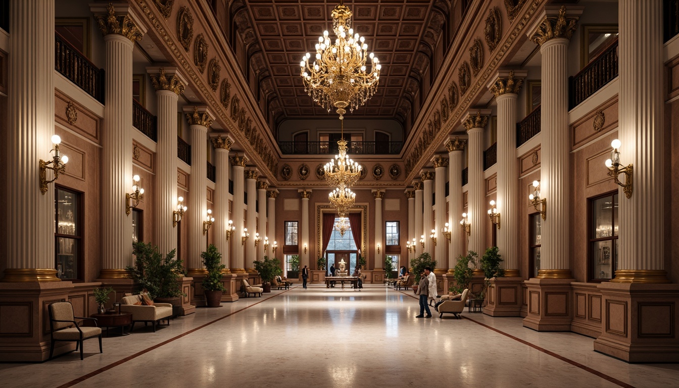 Prompt: Grandiose hall, ornate columns, Ionic capitals, fluted shafts, intricately carved details, polished marble floors, high ceilings, dramatic chandeliers, luxurious fabrics, rich wood paneling, elegant furnishings, subtle gold accents, warm soft lighting, shallow depth of field, 1/1 composition, symmetrical view, realistic textures, ambient occlusion.