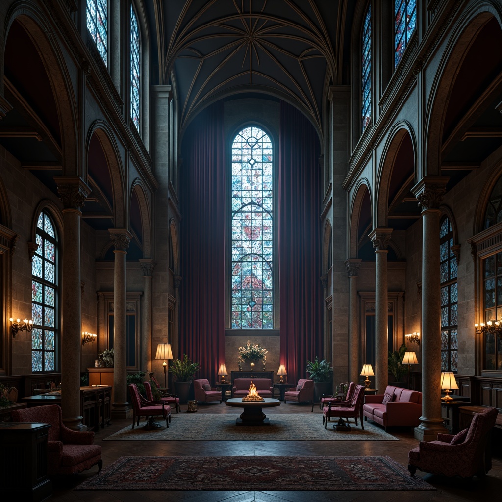 Prompt: Mysterious dark chamber, grand cathedral-inspired windows, ornate stone carvings, stained glass patterns, rich velvety drapes, mystical lanterns, intricate wooden paneling, lavish furnishings, majestic high ceilings, dramatic archways, somber color palette, soft warm lighting, subtle misty atmosphere, 1/2 composition, low-key illumination, realistic textures, ambient occlusion.