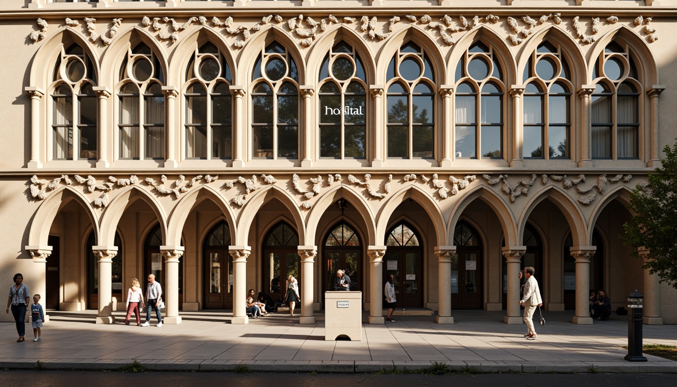 Prompt: Grand hospital facade, pointed arches, ribbed vaults, flying buttresses, stained glass windows, intricately carved stone details, ornate Gothic decorations, majestic entranceways, solemn atmosphere, warm beige stonework, dramatic lighting effects, subtle texture variations, 1/2 composition, narrow depth of field, realistic reflections, ambient occlusion.