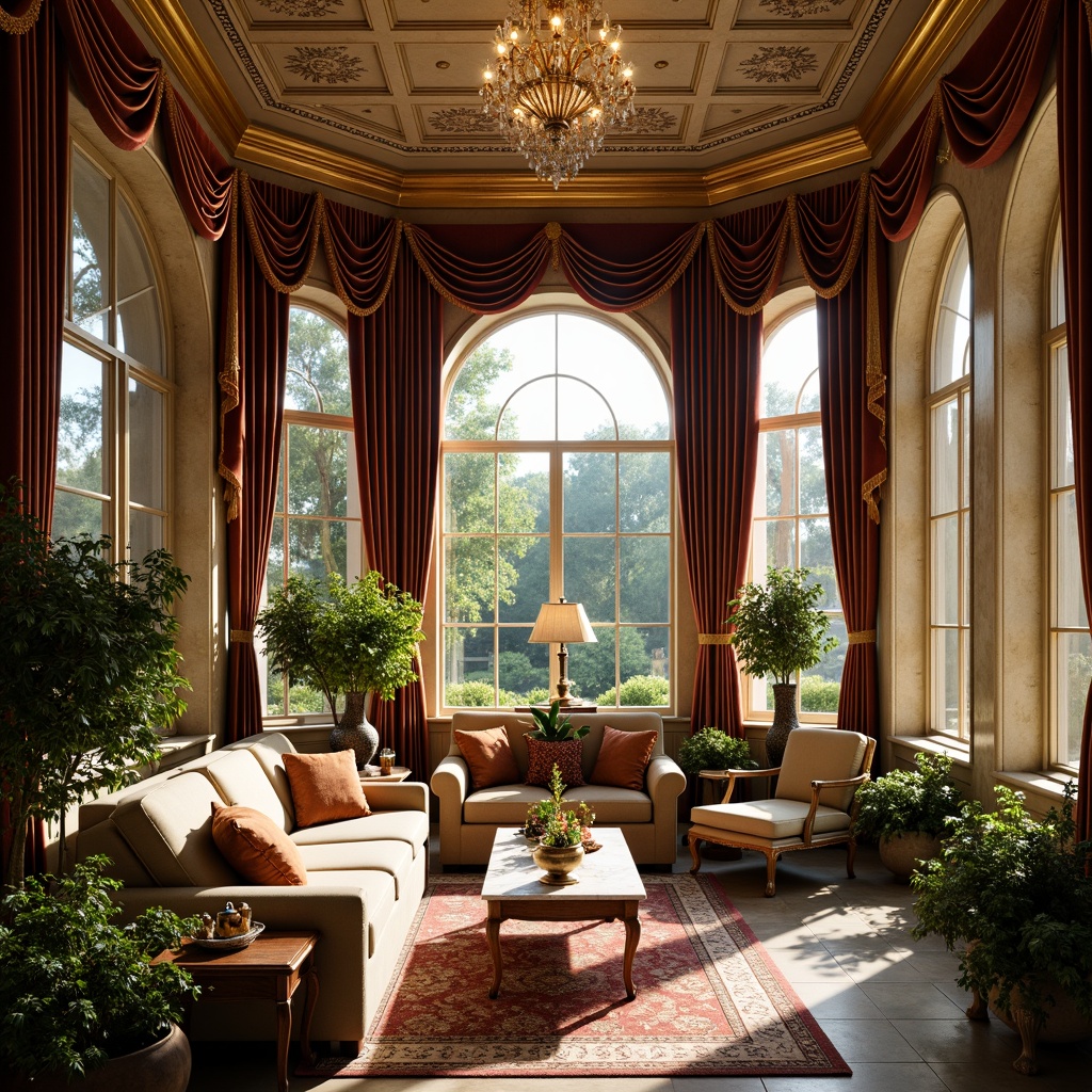 Prompt: Ornate sunroom, grandiose chandeliers, rich velvet drapes, golden accents, intricate carvings, plush sofas, ornamental mirrors, gilded frames, marble coffee tables, luxurious rugs, lavish plants, warm sunny day, soft diffused lighting, shallow depth of field, 2/3 composition, intimate atmosphere, realistic textures, ambient occlusion.