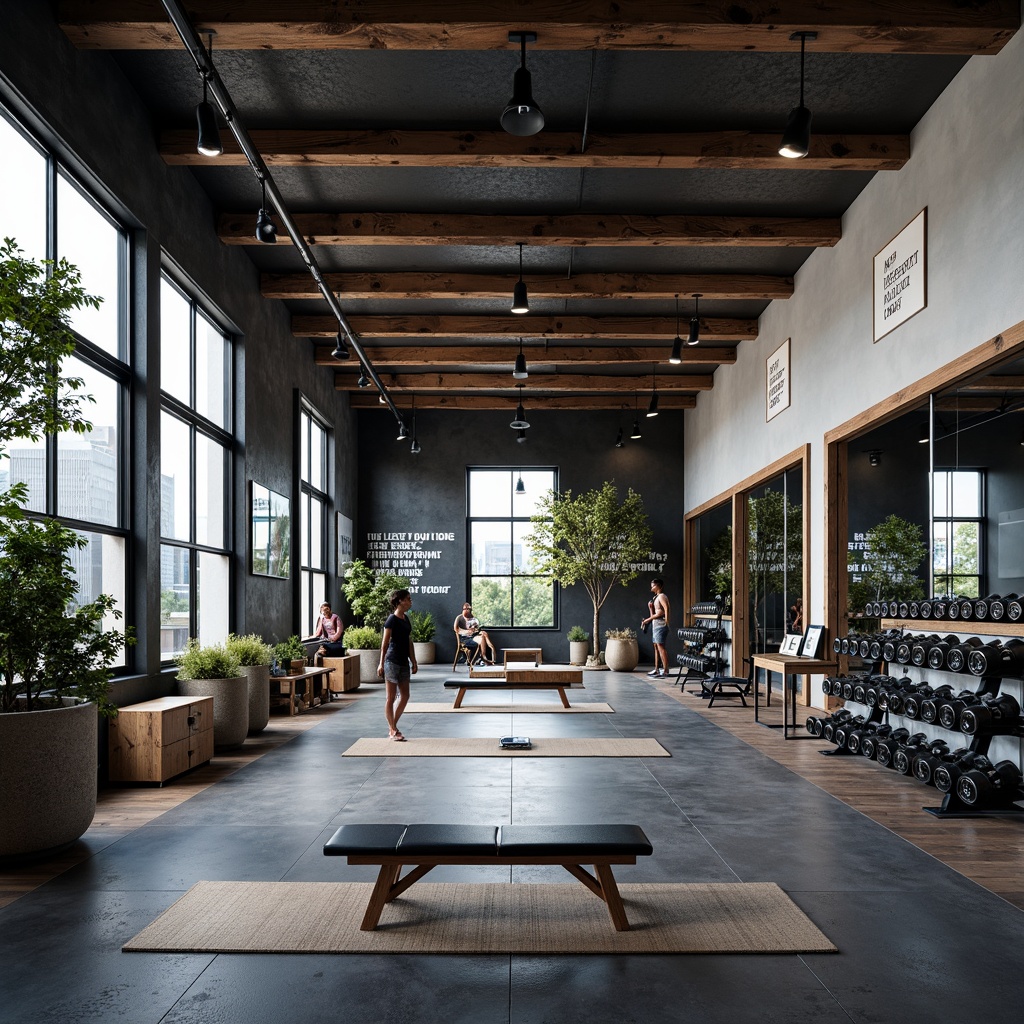 Prompt: Modern home gym, sleek exercise equipment, mirrored walls, rubber flooring, motivational quotes, industrial metal beams, reclaimed wood accents, large windows, natural light, urban loft atmosphere, functional storage units, adjustable dumbbells, comfortable workout benches, high-intensity interval training areas, yoga mats, sound systems, energetic color schemes, dynamic lighting effects, shallow depth of field, 3/4 composition, realistic textures.