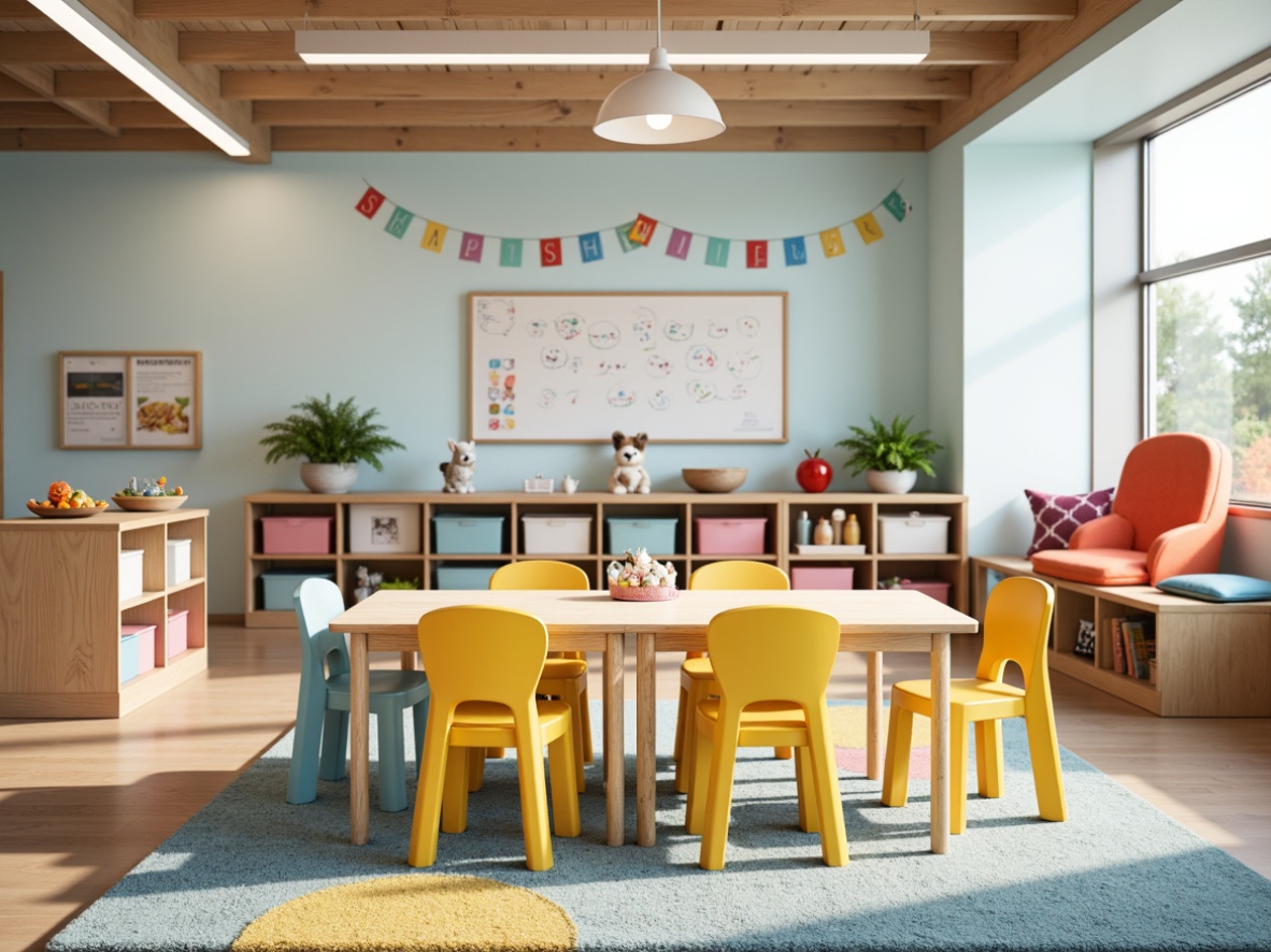 Prompt: Colorful kindergarten furniture, rounded edges, soft pastel hues, ergonomic design, adjustable desks, cushioned chairs, playful storage bins, interactive whiteboards, educational posters, cozy reading nooks, plush area rugs, natural wood accents, bright overhead lighting, shallow depth of field, 1/1 composition, vibrant textures, ambient occlusion.