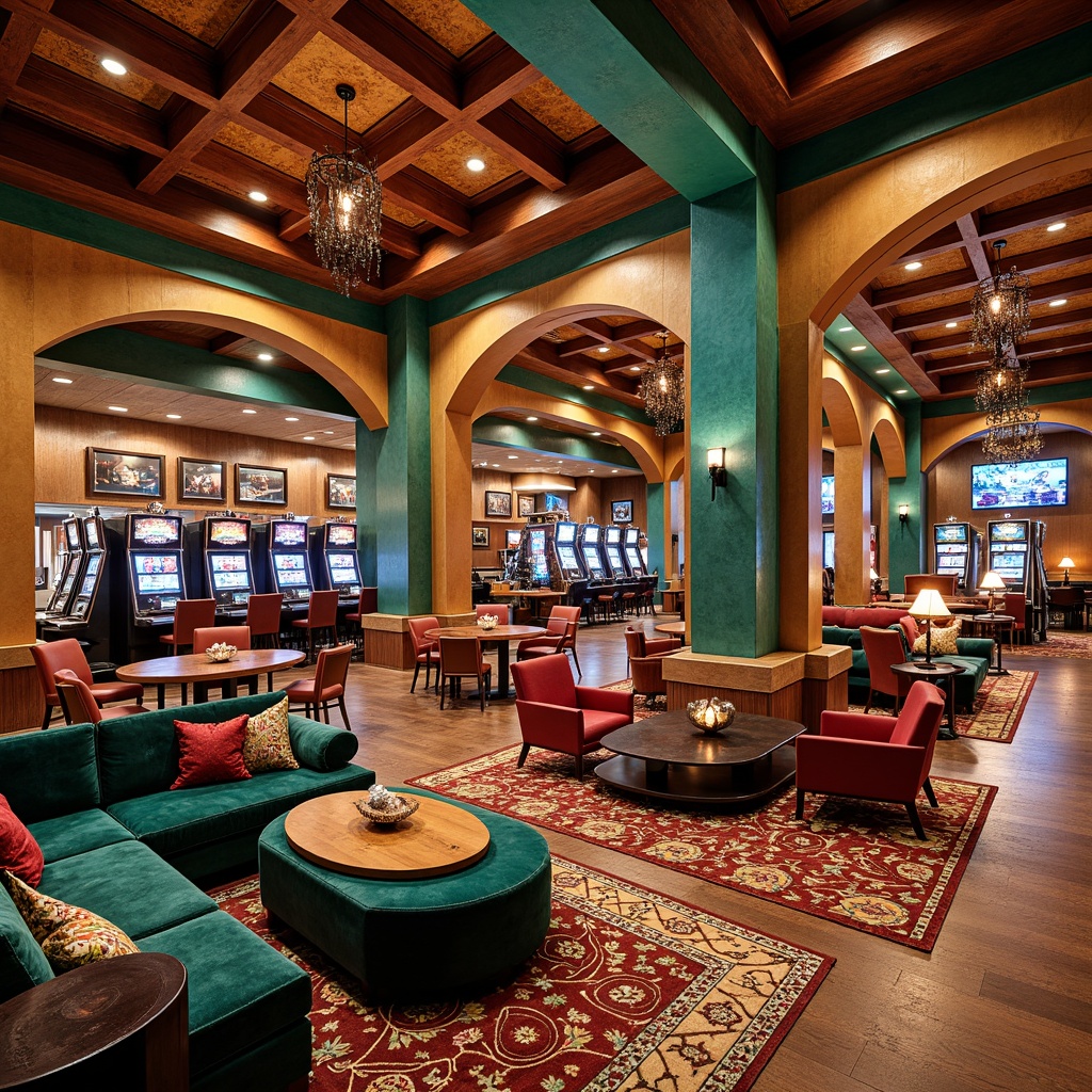 Prompt: Vibrant southwestern casino interior, rich turquoise accents, earthy terracotta tones, bold geometric patterns, rustic wooden textures, ornate metalwork details, plush velvet fabrics, luxurious leather upholstery, statement lighting fixtures, dramatic ceiling treatments, grand chandeliers, warm golden lighting, comfortable lounge seating, reclaimed wood flooring, decorative tribal-inspired accessories, colorful woven textiles, vibrant Native American-inspired artwork, lively gaming atmosphere, energetic ambient music, dynamic slot machine sounds.