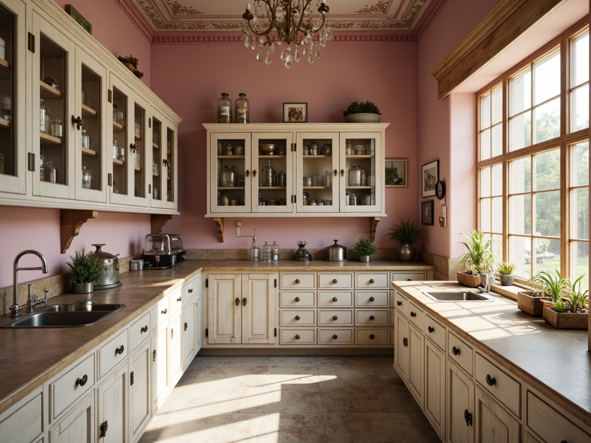 Prompt: Distressed laboratory cabinets, vintage scientific equipment, soft pastel hues, pale pink walls, creamy white countertops, weathered wood accents, ornate metal fixtures, floral patterns, lace trim, rustic wooden shelves, apothecary jars, mercury glass containers, warm golden lighting, shallow depth of field, 1/1 composition, realistic textures, ambient occlusion.