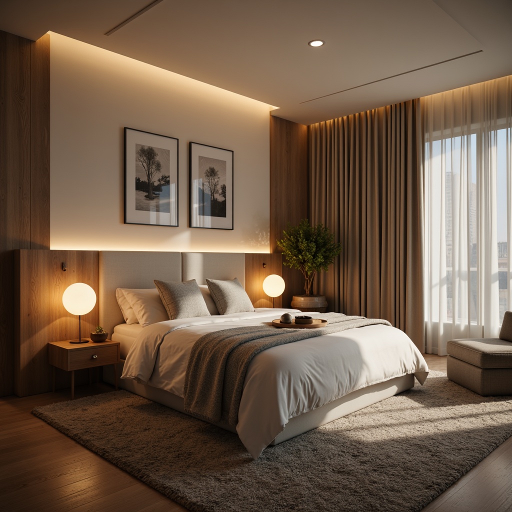 Prompt: Cozy modern bedroom, soft warm glow, table lamps, floor lamps, string lights, LED strips, ambient lighting, dimmable bulbs, plush carpets, minimalist furniture, sleek lines, monochromatic colors, tranquil atmosphere, calming textures, creamy whites, soothing blues, warm beige tones, abstract artwork, geometric patterns, shallow depth of field, 1/1 composition, soft focus, warm color temperature.