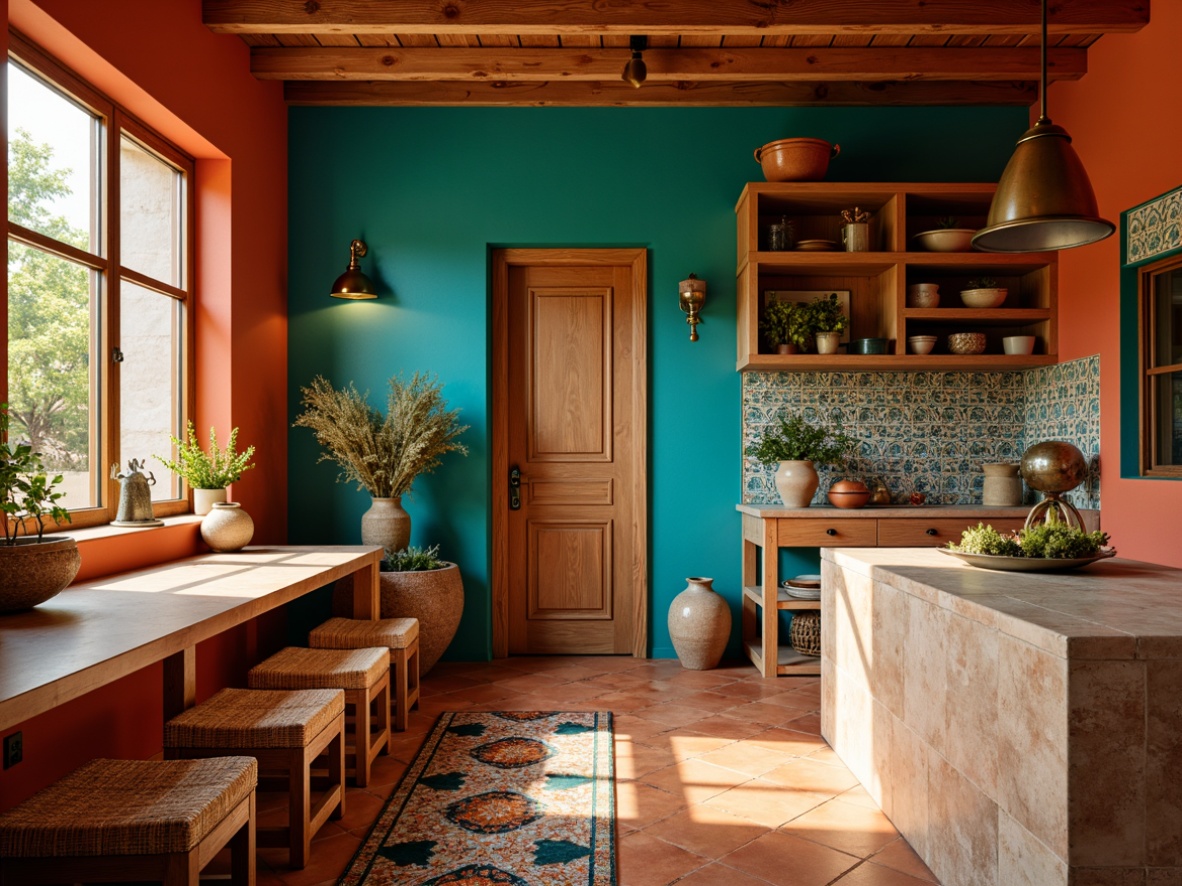 Prompt: Vibrant turquoise accents, warm terracotta walls, rich wood cabinetry, natural stone countertops, earthy red clay flooring, rustic metal lighting fixtures, woven wicker furniture, bold geometric patterns, colorful ceramic tiles, warm golden lighting, soft focus, shallow depth of field, 3/4 composition, cozy atmosphere, inviting decor.