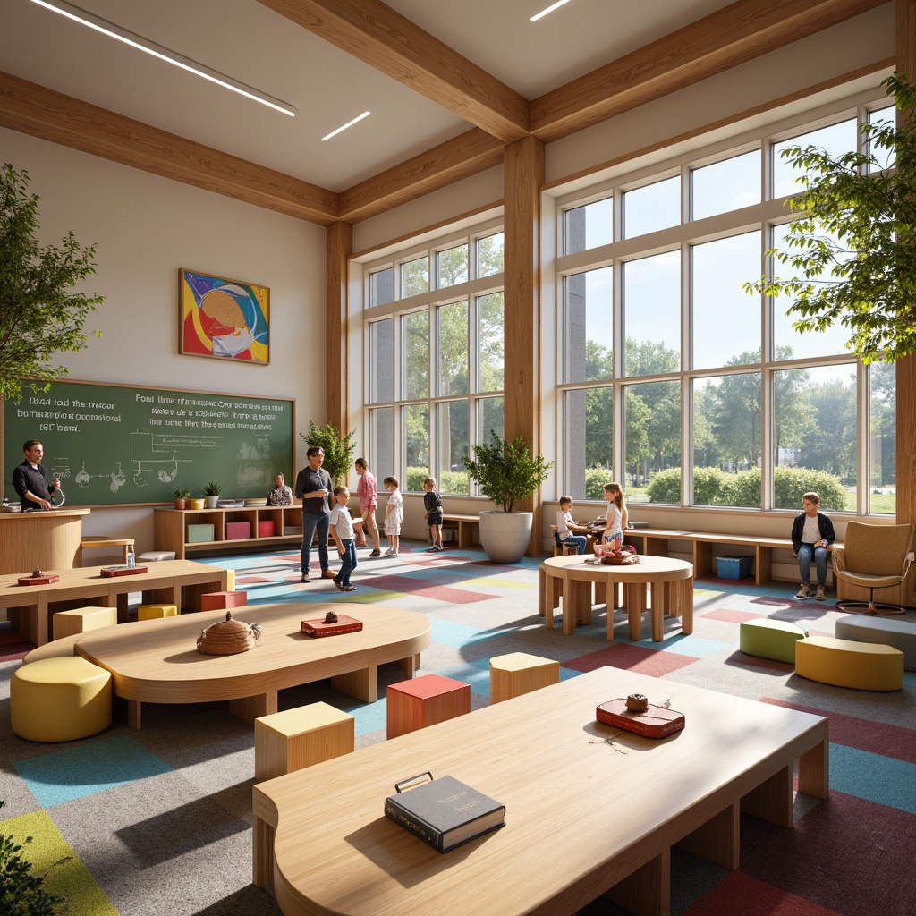 Prompt: Elementary school interior, modern streamline style, curved wooden benches, minimalist desks, ergonomic chairs, colorful storage bins, geometric-patterned rugs, natural wood accents, large windows, abundant sunlight, soft warm lighting, shallow depth of field, 3/4 composition, panoramic view, realistic textures, ambient occlusion, collaborative learning spaces, interactive whiteboards, educational wall graphics, inspirational quotes, vibrant greenery, playful art installations, circular reading nooks, cozy corner seating areas.