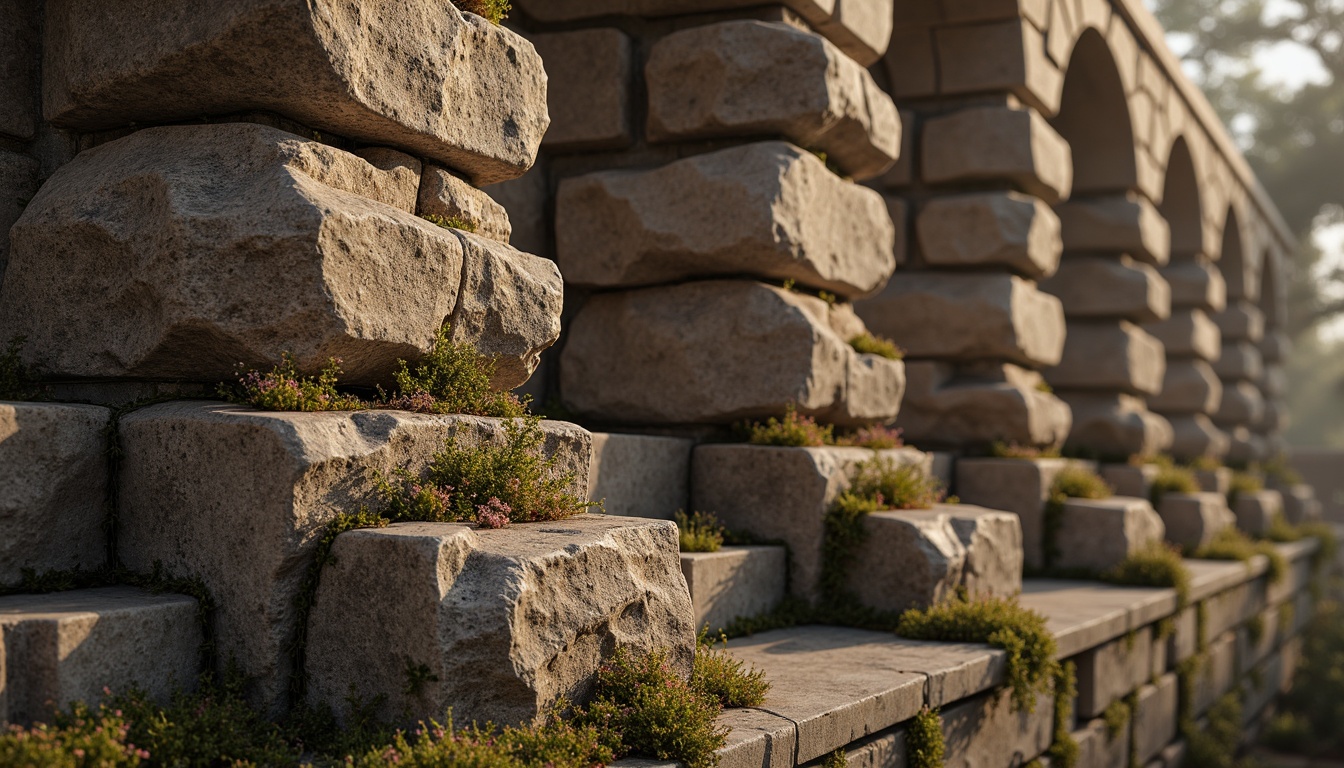 Prompt: Rustic stone walls, rough-hewn granite, weathered limestone, natural rock formations, earthy brown tones, coarse textures, organic patterns, moss-covered surfaces, aged stone patina, distressed finishes, rough-cut edges, natural stone cladding, rugged landscape, misty atmosphere, soft warm lighting, shallow depth of field, 3/4 composition, realistic textures, ambient occlusion.