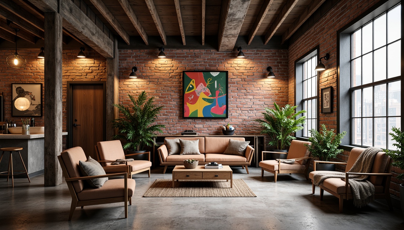 Prompt: Industrial-chic loft interior, exposed brick walls, polished concrete floors, high ceilings, metal beams, reclaimed wood accents, eclectic vintage furniture, colorful abstract artwork, pendant lighting fixtures, cozy throw blankets, lush greenery, natural textiles, warm atmospheric lighting, shallow depth of field, 1/1 composition, realistic textures, ambient occlusion.