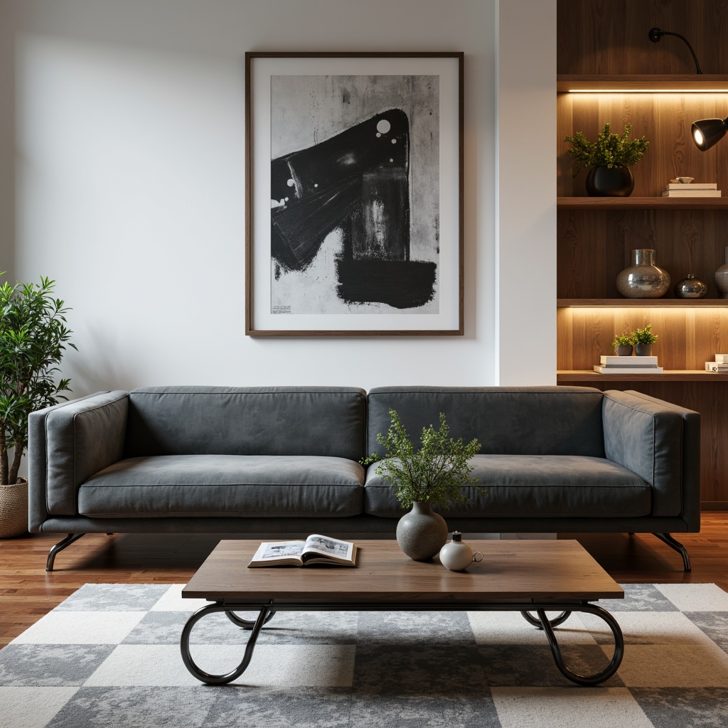 Prompt: Sleek low-profile sofa, minimalist coffee table, curved chrome legs, velvety upholstery, geometric patterned rug, polished wooden floor, modern abstract artwork, wall-mounted shelves, industrial-chic metal lighting fixtures, monochromatic color scheme, 3/4 composition, shallow depth of field, soft warm lighting, ambient occlusion.