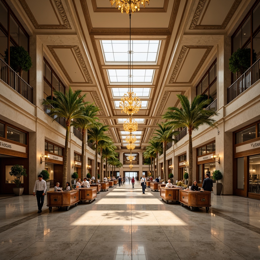 Prompt: Luxurious airport terminal, grandiose high ceilings, marble flooring, elegant chandeliers, ornate columns, intricate moldings, polished steel railings, vintage luggage carts, classic airline logos, retro-style signage, warm soft lighting, shallow depth of field, 1/1 composition, symmetrical framing, realistic textures, ambient occlusion.