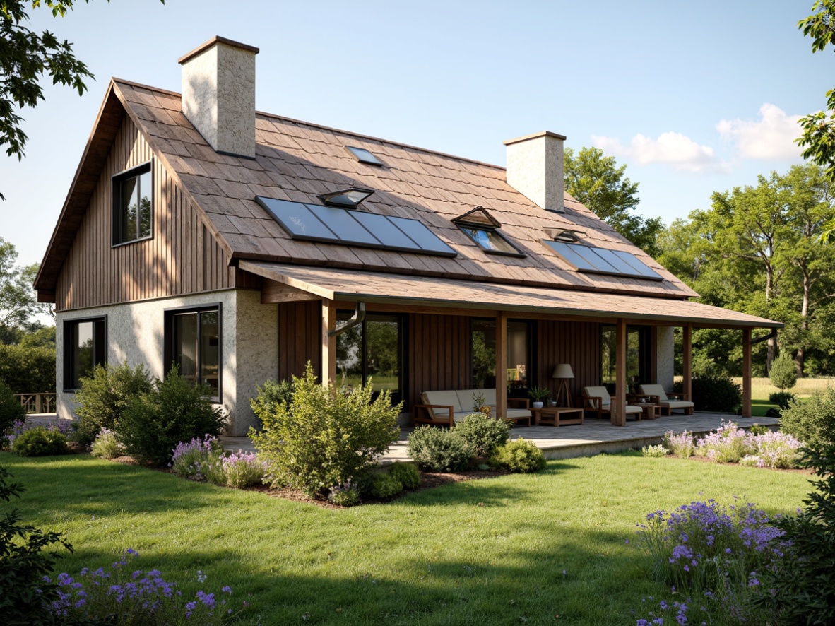 Prompt: Rustic farmhouse, pitched roof, weathered wooden shingles, corrugated metal accents, solar panels, skylights, clerestory windows, natural stone chimneys, earthy color palette, lush greenery, blooming wildflowers, rural landscape, warm sunny day, soft natural lighting, 1/1 composition, realistic textures, ambient occlusion.