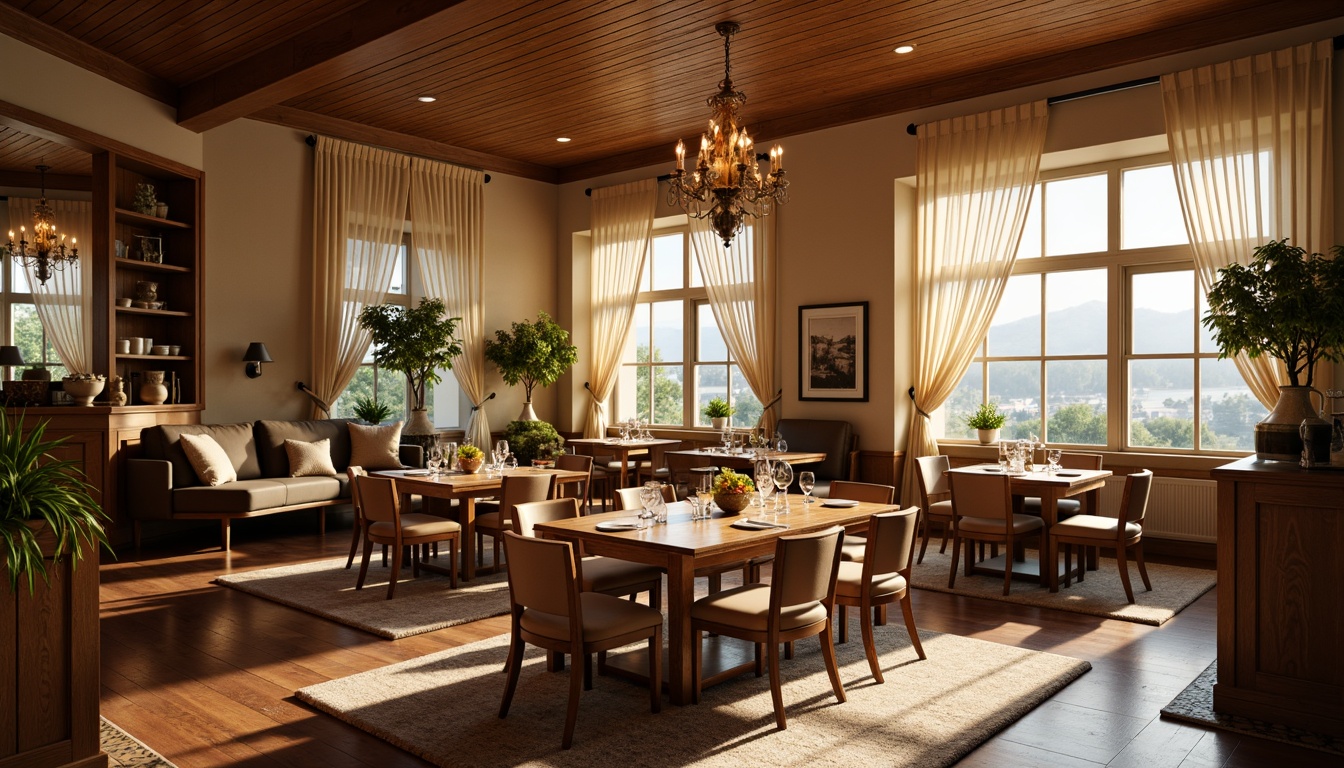 Prompt: Cozy dining area, warm earthy tones, rich wood accents, soft cream walls, comfortable seating, elegant chandeliers, subtle patterned rugs, natural stone flooring, warm golden lighting, shallow depth of field, 1/1 composition, realistic textures, ambient occlusion.