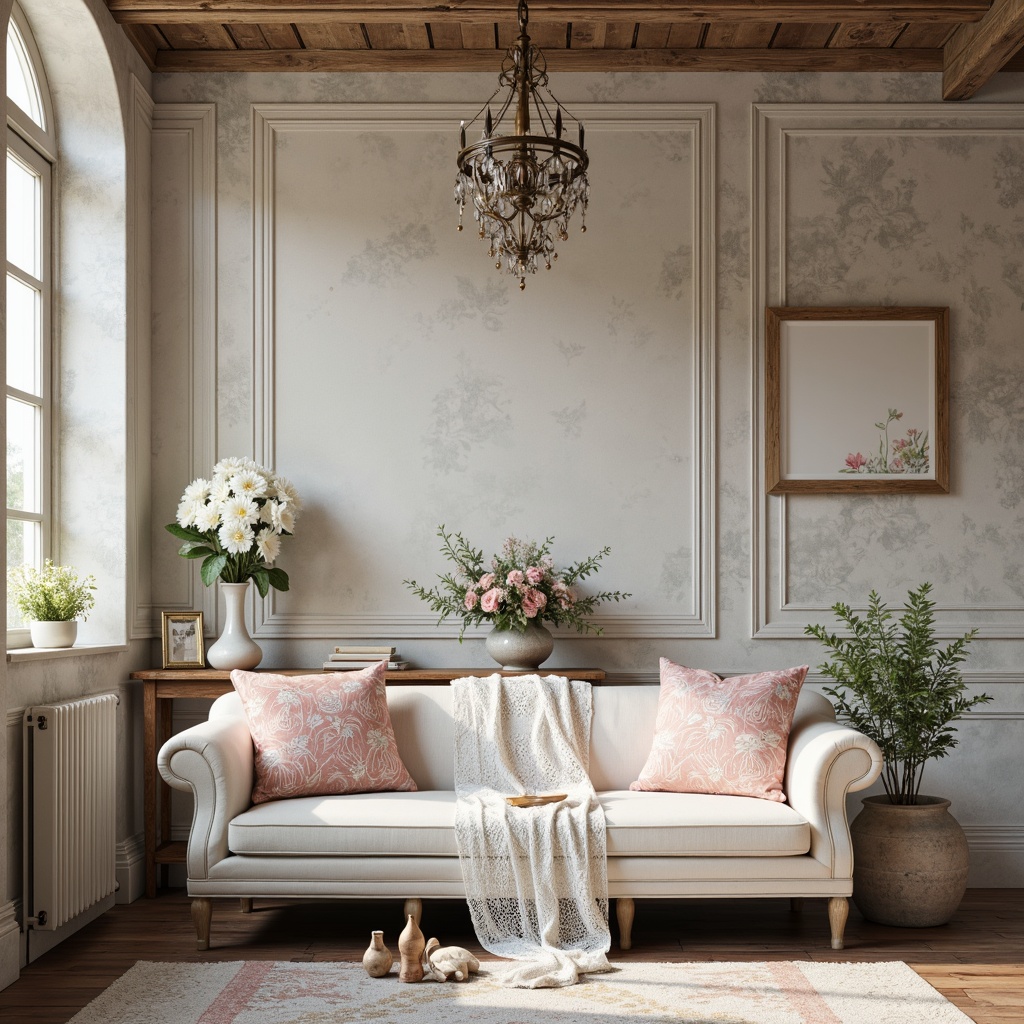 Prompt: Soft pastel hues, distressed finishes, vintage charm, rustic wooden accents, delicate lace patterns, feminine florals, muted whites, creamy ivories, pale blues, dusty roses, warm beiges, weathered stone walls, ornate metal details, elegant chandeliers, luxurious velvet fabrics, subtle sparkle, natural light, airy atmosphere, 1/1 composition, shallow depth of field, soft focus, romantic ambiance.