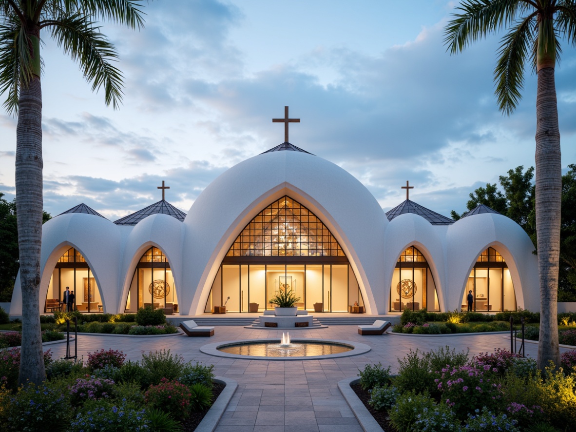 Prompt: Sleek religious complex, minimalist design, white marble fa\u00e7ade, glass domes, steel frames, wooden accents, natural stone flooring, modern stained glass windows, sacred symbols, intricate patterns, ambient lighting, soft warm glow, shallow depth of field, 3/4 composition, panoramic view, realistic textures, ambient occlusion, peaceful atmosphere, serene landscaping, lush greenery, vibrant flowers, water features, spiritual sculptures.