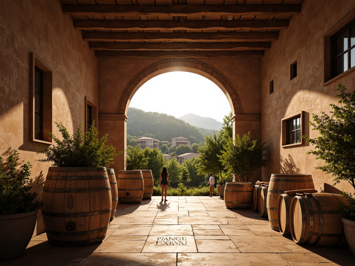 Prompt: Rustic winery, earthy tones, weathered wooden barrels, vintage wine-making equipment, stone walls, arched windows, terracotta roofs, lush vineyards, rolling hills, sunny afternoon, warm golden lighting, soft focus, 1/1 composition, natural textures, ambient occlusion, rich brown colors, deep reds, mossy greens, creamy whites, distressed wood accents, ornate metalwork, classic typography.