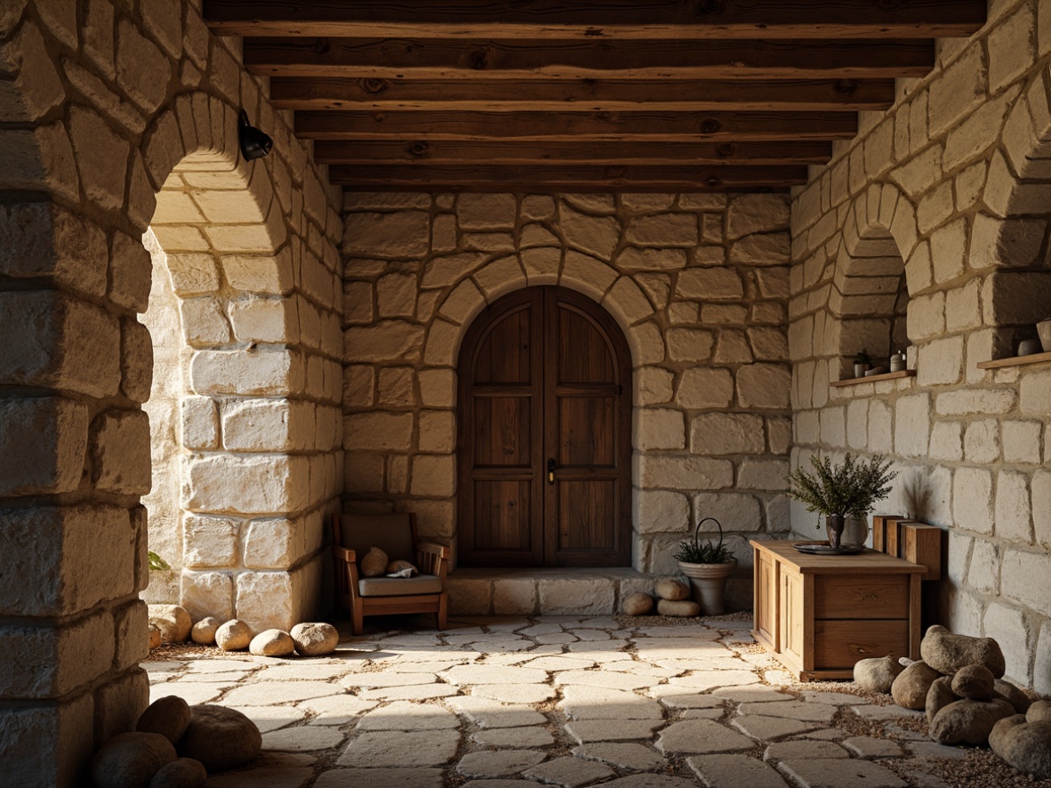 Prompt: Rough stone walls, rugged texture, earthy tones, natural cracks, weathered surfaces, distressed finishes, vintage charm, rustic ambiance, cozy nooks, warm lighting, soft shadows, shallow depth of field, 3/4 composition, realistic renderings, ambient occlusion.