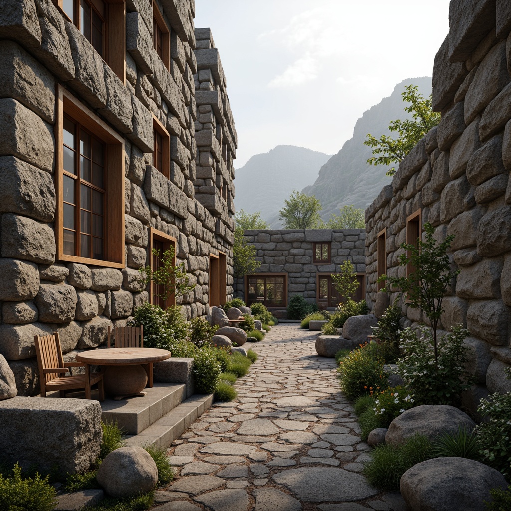 Prompt: Natural stone walls, rough-hewn granite, weathered limestone, rusty bronze accents, earthy tones, organic textures, tactile experiences, rugged landscapes, misty mountains, soft warm lighting, shallow depth of field, 3/4 composition, atmospheric perspective, realistic rock formations, ambient occlusion.