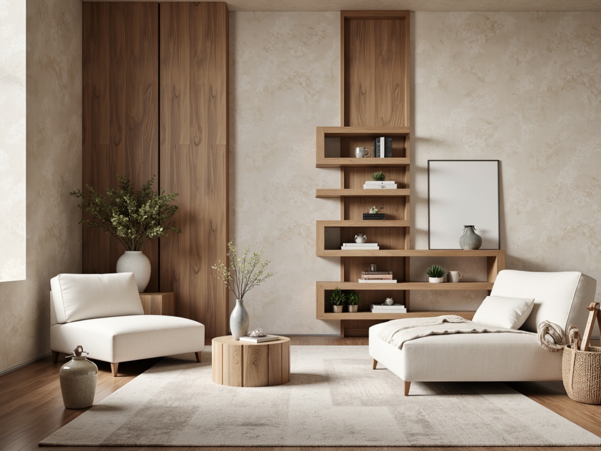 Prompt: Soft periwinkle accents, creamy whites, warm beige tones, rich wood textures, natural stone walls, cozy reading nooks, plush throw blankets, modern minimalist furniture, subtle metallic hints, delicate glass vases, soft diffused lighting, shallow depth of field, 1/2 composition, intimate atmosphere, realistic renderings, ambient occlusion.