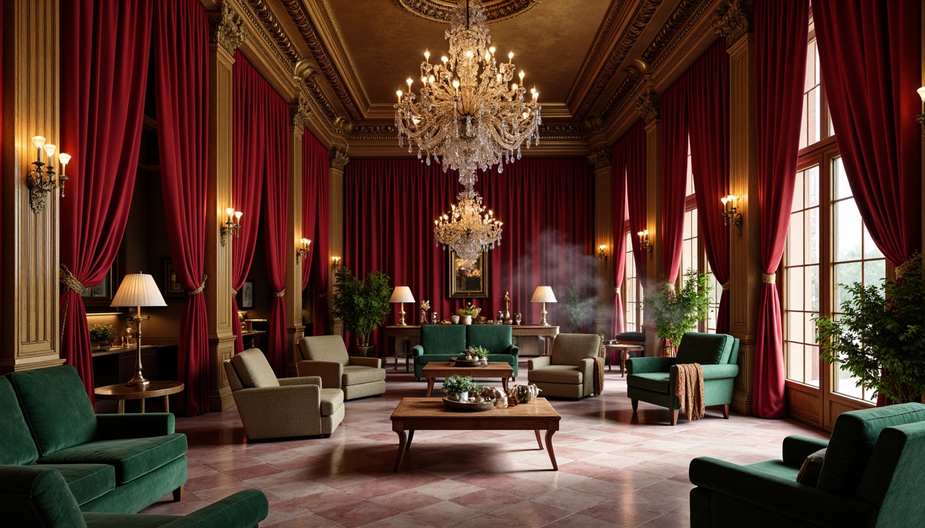 Prompt: Rich velvet drapes, ornate gold accents, luxurious crimson red walls, polished marble floors, intricate wooden carvings, grand crystal chandeliers, lavish satin fabrics, metallic bronze fixtures, opulent emerald green upholstery, dramatic high ceilings, baroque-style mirrors, soft warm candlelight, subtle smoke effects, 1/2 composition, low-key lighting, realistic reflections.