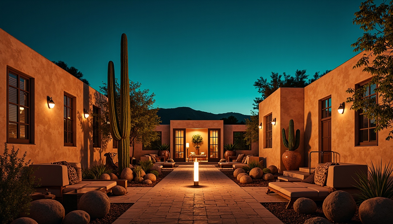 Prompt: Vibrant turquoise, earthy terracotta, warm sandy beige, rich adobe red, deep indigo night sky, luxurious gold accents, rustic wooden textures, intricate Native American patterns, ornate Spanish colonial details, dramatic cactus silhouettes, arid desert landscapes, soft warm lighting, moody shadows, 3/4 composition, cinematic atmosphere.