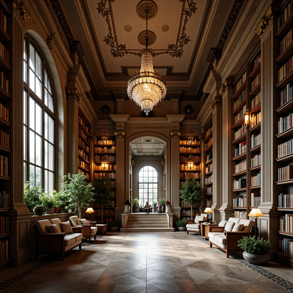 Prompt: Grandiose library interior, ornate neoclassical architecture, high ceilings, marble floors, elegant chandeliers, crystal drops, bronze fixtures, soft warm lighting, subtle shading, intricate moldings, wooden bookshelves, leather-bound tomes, comfortable reading nooks, lush greenery, natural stone walls, refined furniture, classic columns, symmetrical composition, realistic textures, ambient occlusion.