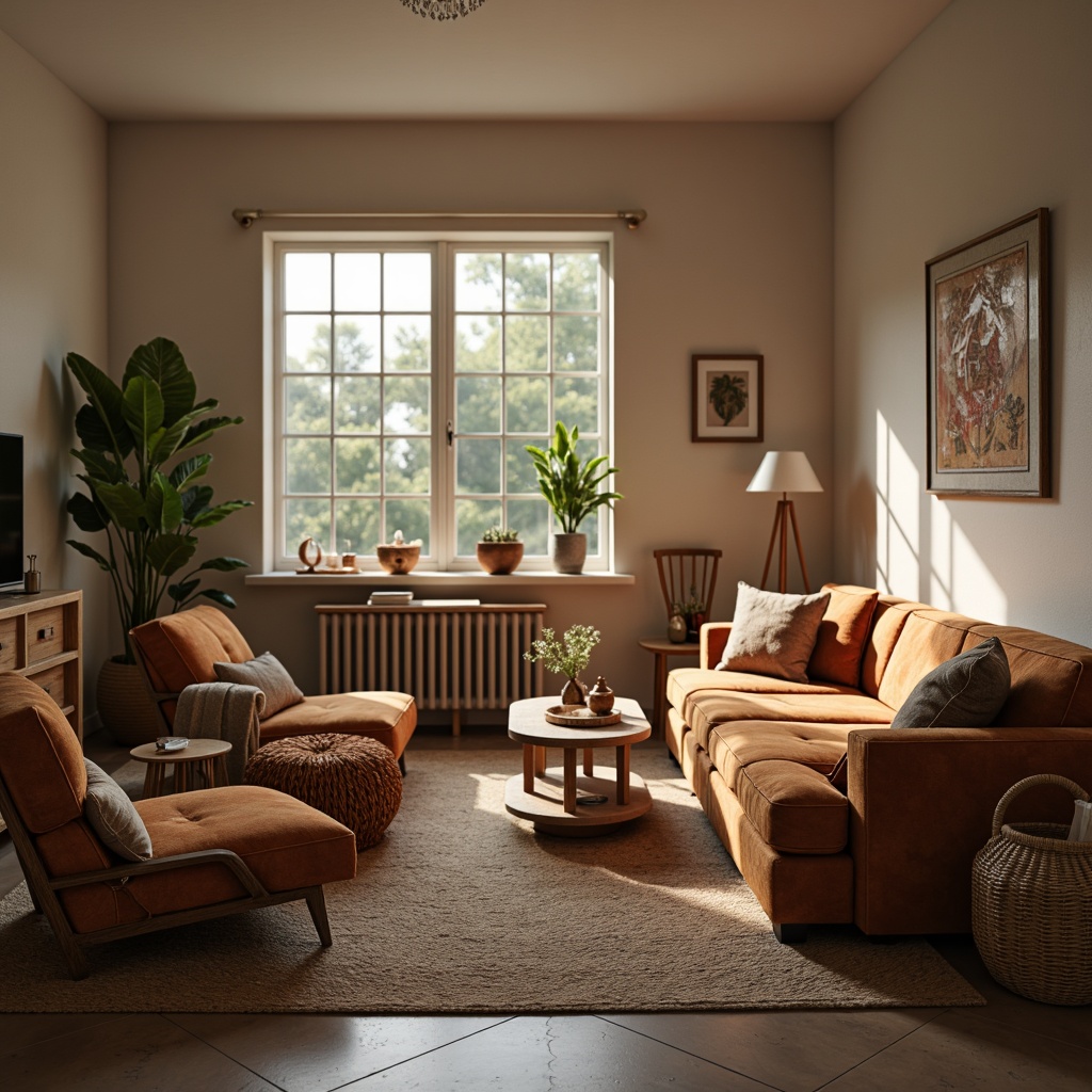 Prompt: Cozy living room, plush sofas, velvet armchairs, wooden coffee tables, minimalistic decor, soft warm lighting, natural textiles, woven baskets, potted plants, earthy color palette, Scandinavian design, geometric patterns, metallic accents, ambient atmosphere, shallow depth of field, 1/1 composition, realistic rendering.