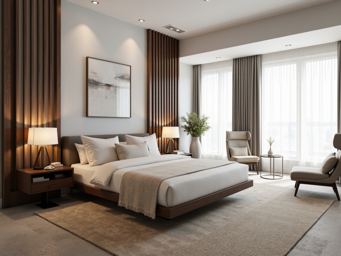 Prompt: Monochromatic bedroom, soft gray walls, rich walnut wood accents, creamy white bedding, subtle gold metallic tones, minimalist furniture, low-profile platform bed, sleek nightstands, modern table lamps, abstract artwork, plush area rug, floor-to-ceiling windows, natural light, sheer curtains, warm beige carpet, calming atmosphere, shallow depth of field, 1/1 composition, softbox lighting, realistic textures, ambient occlusion.