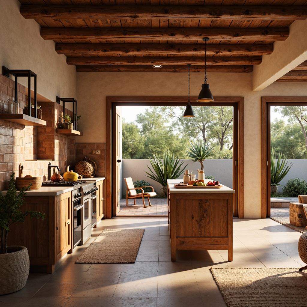 Prompt: Southwestern kitchen, warm earthy tones, rustic wooden cabinets, ceramic tile backsplash, pendant lanterns, soft warm lighting, natural stone countertops, woven textiles, desert-inspired color palette, cactus plants, large windows, sliding glass doors, bright sunny day, indirect ambient lighting, 1/1 composition, realistic renderings, subtle shadows, cozy atmosphere.