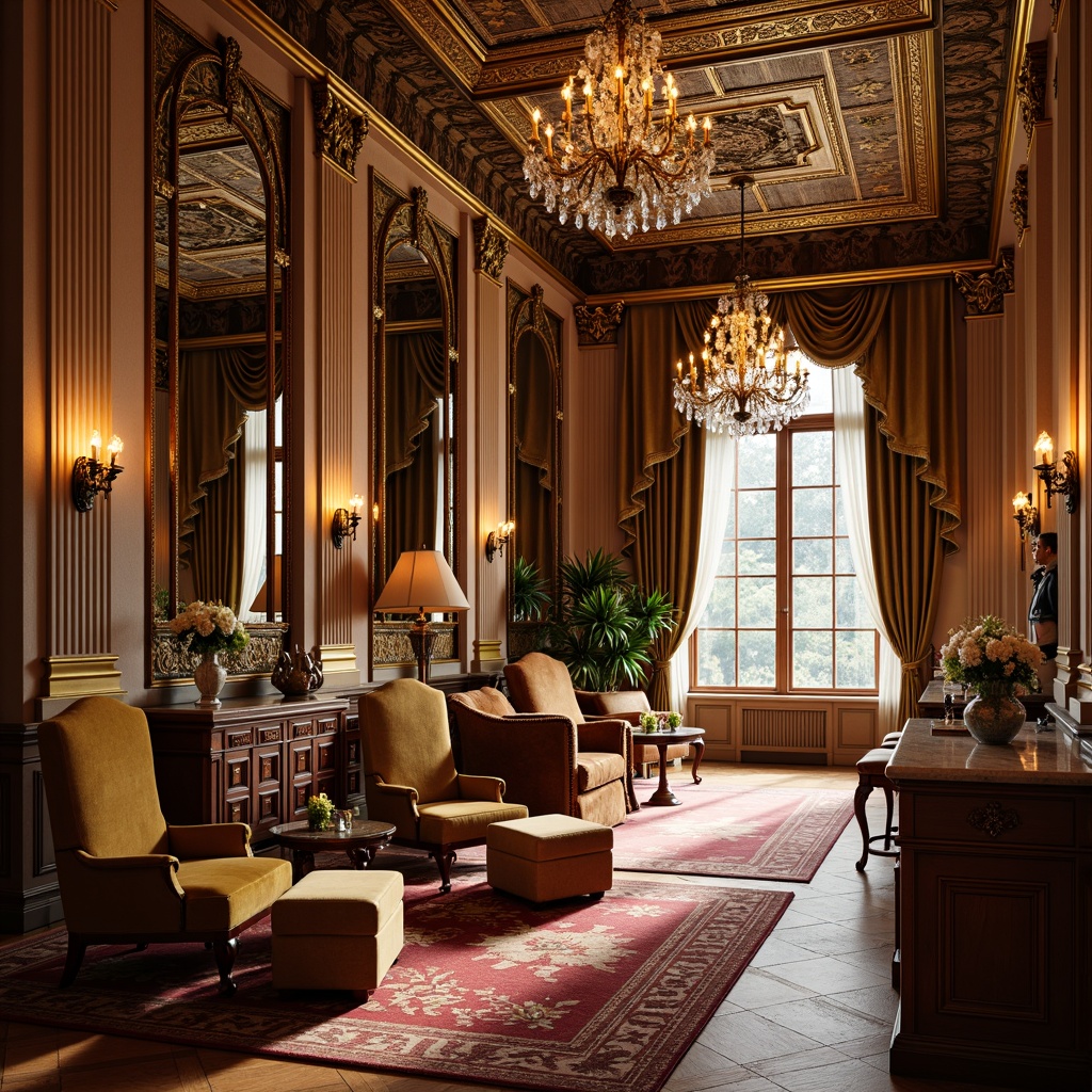 Prompt: Elegant neoclassical mansion, ornate furnishings, luxurious velvet fabrics, intricate carvings, gilded accents, marble countertops, rich wood tones, stately columns, grand chandeliers, crystal decorations, tufted upholstery, classic proportions, sophisticated color palette, warm golden lighting, shallow depth of field, 2/3 composition, realistic textures, ambient occlusion.