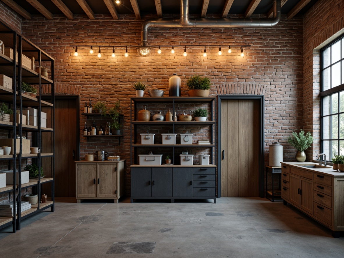 Prompt: Industrial chic storage room, exposed brick walls, metal shelving units, reclaimed wood accents, Edison bulb lighting, urban loft atmosphere, distressed finishes, rough-textured concrete floors, functional storage bins, metallic cabinet handles, matte black metal frames, neutral color palette, softbox lighting, 1/1 composition, realistic reflections, ambient occlusion.