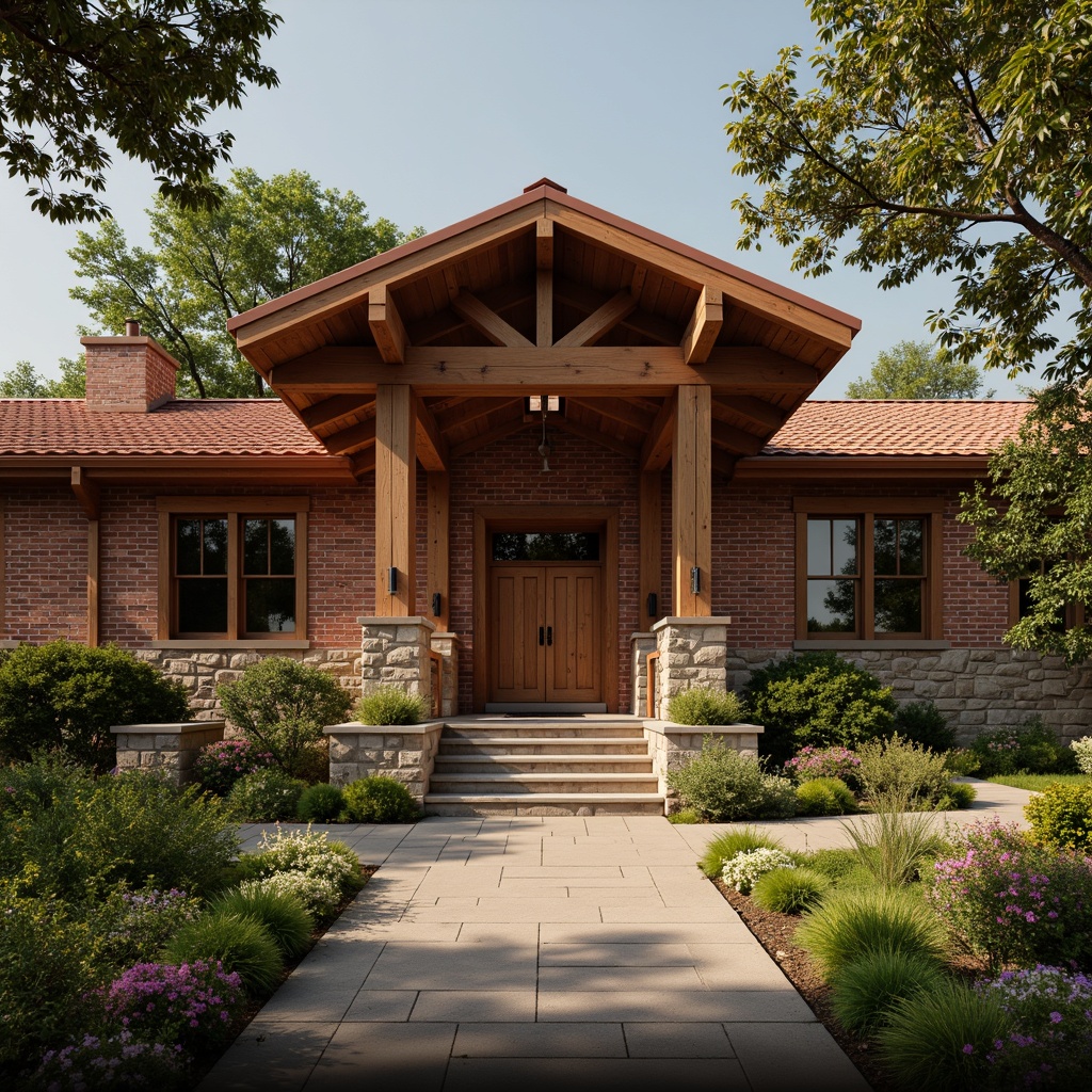 Prompt: Earthy tone Craftsman school, warm wooden accents, rich brown bricks, rustic stone foundations, lush greenery, vibrant flowers, natural textures, earthy red roofs, soft warm lighting, shallow depth of field, 3/4 composition, realistic wood grain, ambient occlusion, nostalgic atmosphere.