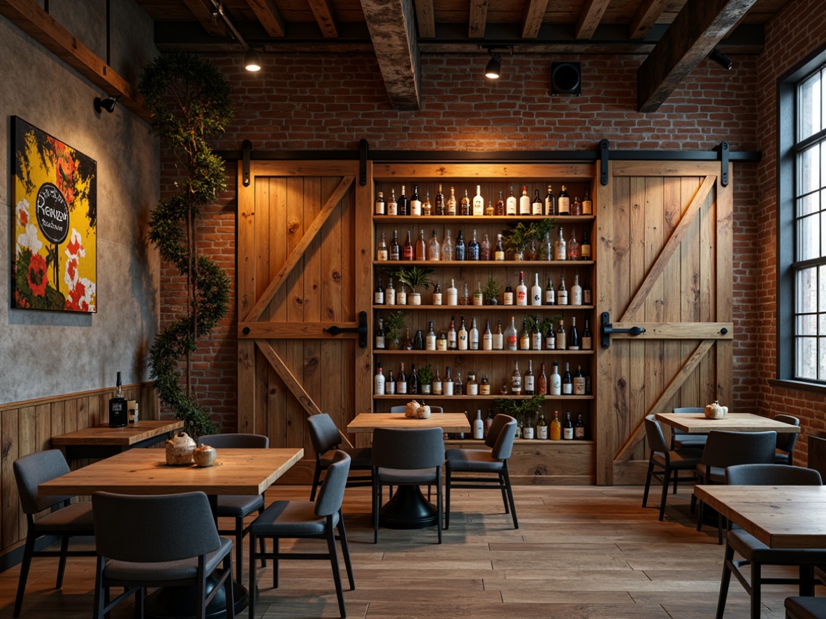 Prompt: Rustic wooden shelves, reclaimed barn doors, vintage metal ladders, eclectic bottle displays, warm industrial lighting, distressed brick walls, rich wood tones, ornate metal accents, abstract artwork, urban loft atmosphere, 1/2 composition, shallow depth of field, dramatic shadows, warm golden hour lighting.