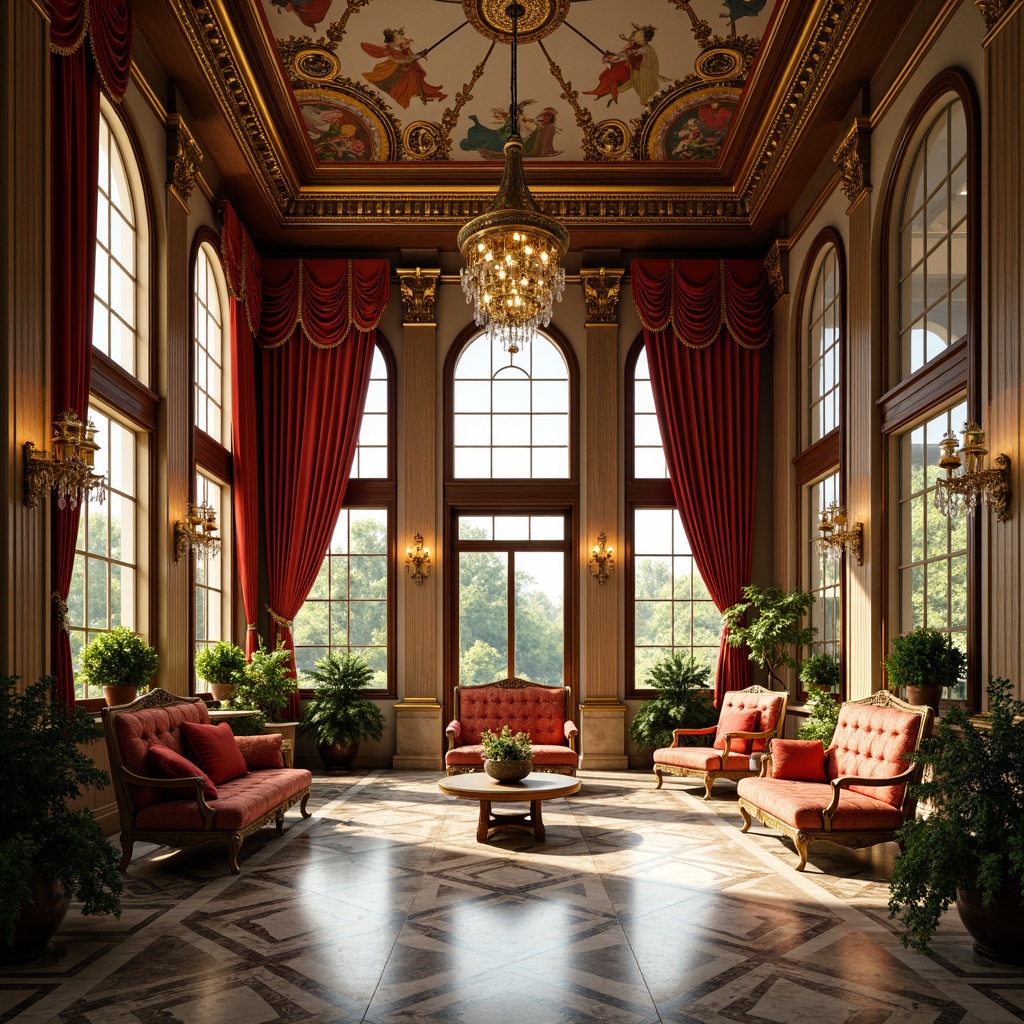 Prompt: Elegant sunroom, ornate golden fixtures, intricate wooden carvings, lavish velvet drapes, richly patterned marble floors, grandiose crystal chandeliers, sweeping archways, tall Corinthian columns, carved stone walls, ornate fresco ceilings, vibrant colorful tapestries, luxurious silk upholstery, regal throne-like furniture, warm golden lighting, dramatic shadows, 1/2 composition, low-angle shot, atmospheric perspective, detailed textures.