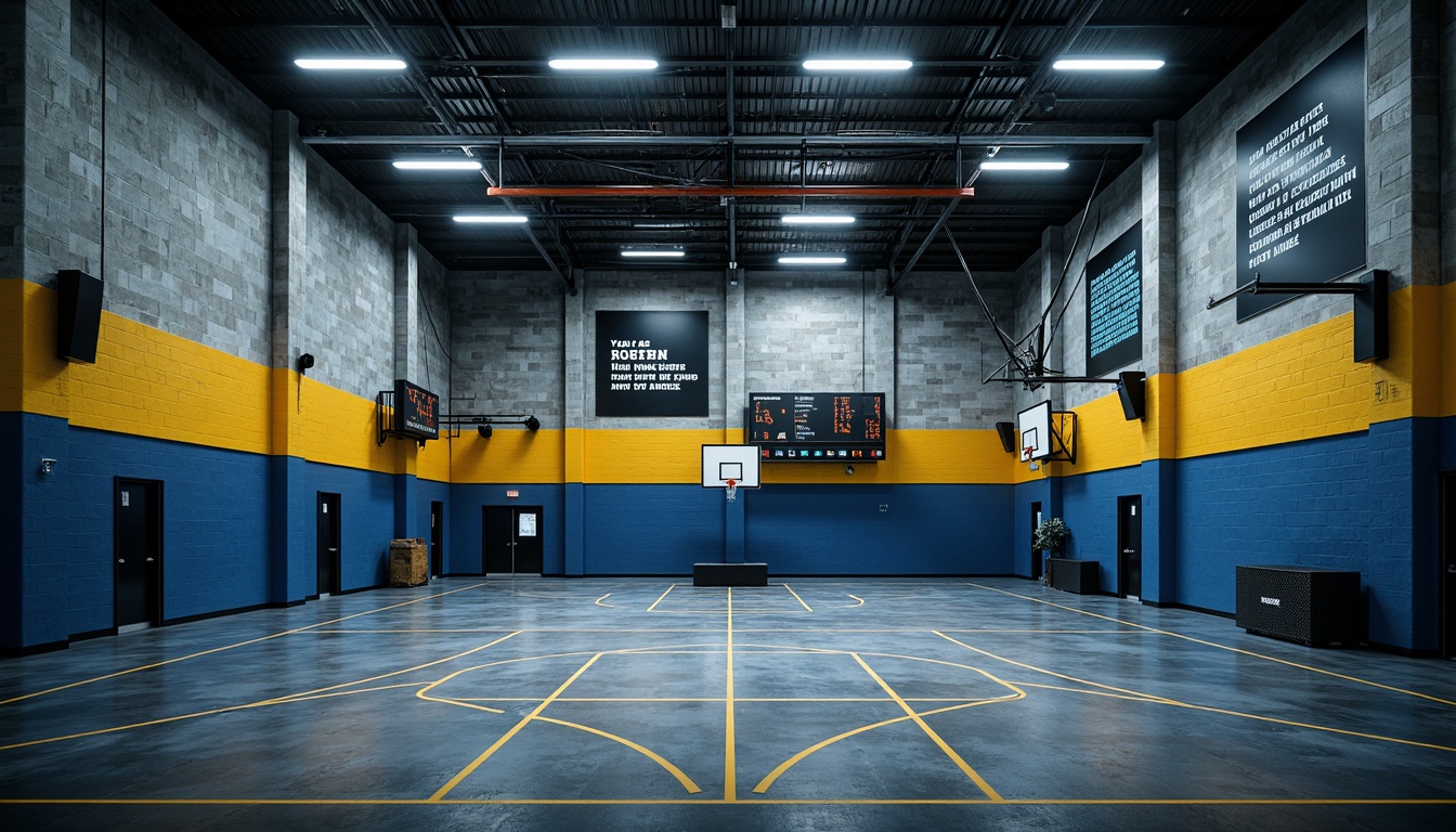 Prompt: Gymnasium brutalism architecture, exposed concrete walls, rugged stone floors, industrial metal beams, raw unfinished wood accents, bold color blocking, deep blue tones, bright yellow highlights, dark grey shadows, atmospheric lighting, dramatic spotlights, vast open spaces, minimalist decor, functional equipment, athletic track markings, scoreboard displays, motivational quotes, urban cityscape views, overcast sky, cinematic 3/4 composition, high-contrast textures, realistic ambient occlusion.