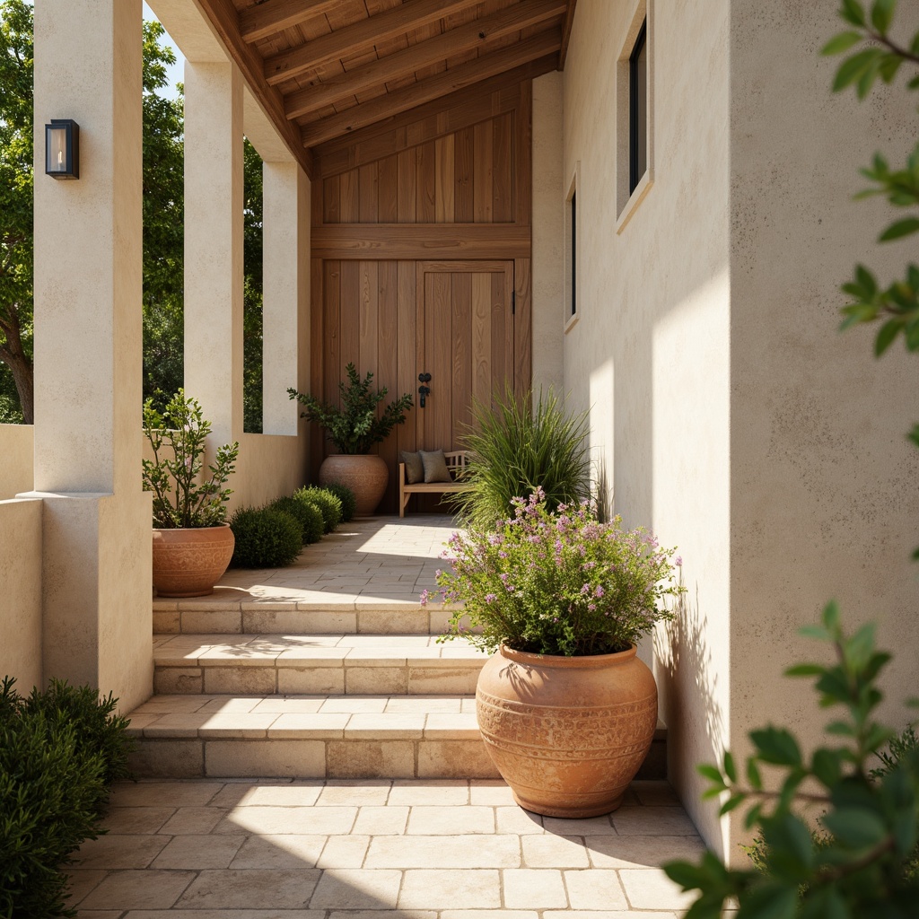 Prompt: Soft periwinkle accents, creamy whites, warm beige tones, rich wood textures, natural stone walls, earthy terracotta pots, lush green foliage, delicate flower patterns, subtle gold metallic hints, warm afternoon sunlight, shallow depth of field, 1/1 composition, realistic renderings, ambient occlusion.