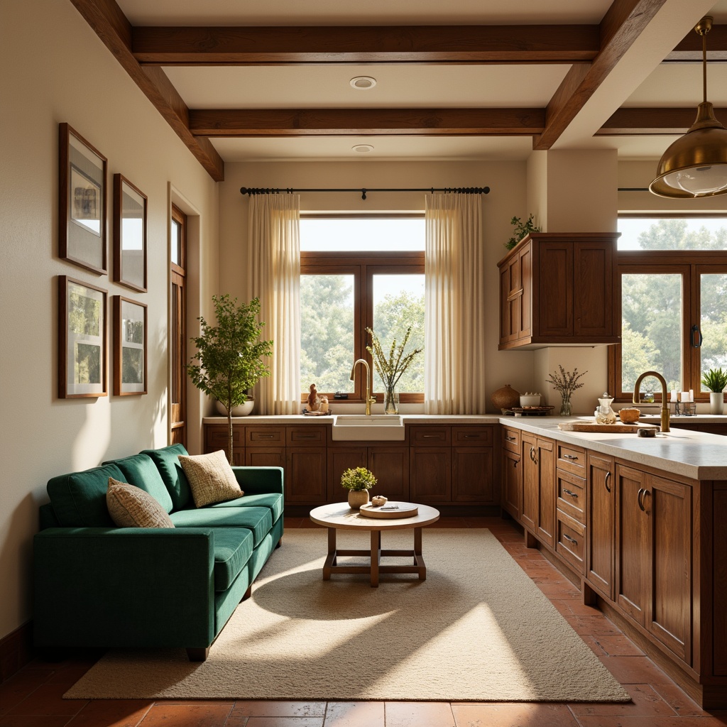 Prompt: Warm beige walls, rich walnut wood furniture, soft cream accents, velvety emerald green upholstery, metallic gold lighting fixtures, rustic terracotta flooring, natural stone countertops, earthy brown cabinets, airy window treatments, warm ambient lighting, shallow depth of field, 1/2 composition, realistic textures, subtle shadowing.