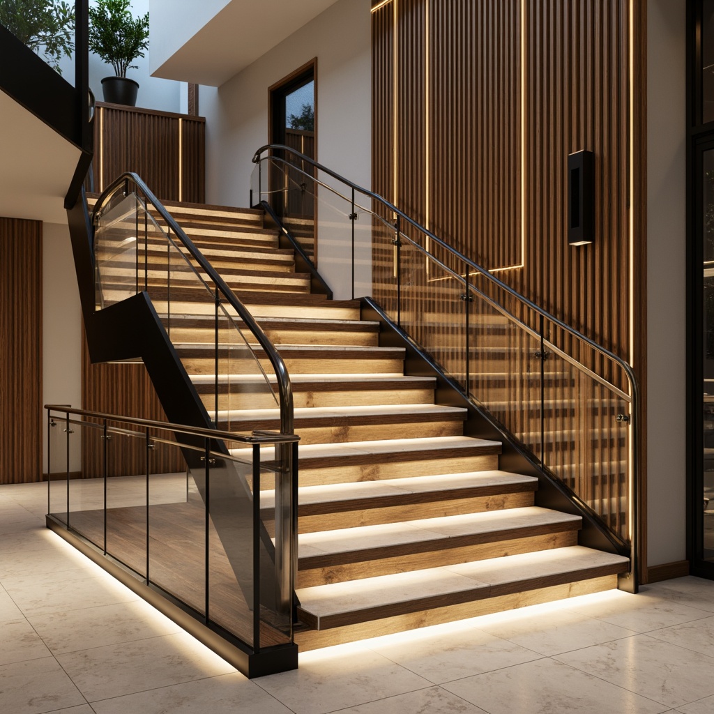 Prompt: Luxurious balustrades, sleek metal handrails, modern staircase design, minimalist aesthetic, curved lines, polished chrome finishes, subtle LED lighting, soft warm glow, marble or granite steps, high-gloss wood accents, open risers, floating treads, transparent glass railings, industrial-chic steel cables, sophisticated architecture, lavish interior design, opulent decor, dramatic vertical space, 1/2 composition, shallow depth of field, realistic reflections.