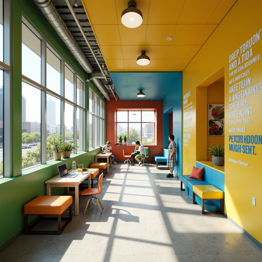 Prompt: Vibrant youth center, energetic color scheme, bold typography, playful accents, bright corridors, lively common areas, inspiring artwork, motivational quotes, modern furniture, sleek lines, youthful textures, natural light, airy atmosphere, warm beige walls, deep blue accents, lime green highlights, sunny yellow tones, dynamic lighting, shallow depth of field, 1/1 composition, realistic renderings, ambient occlusion.