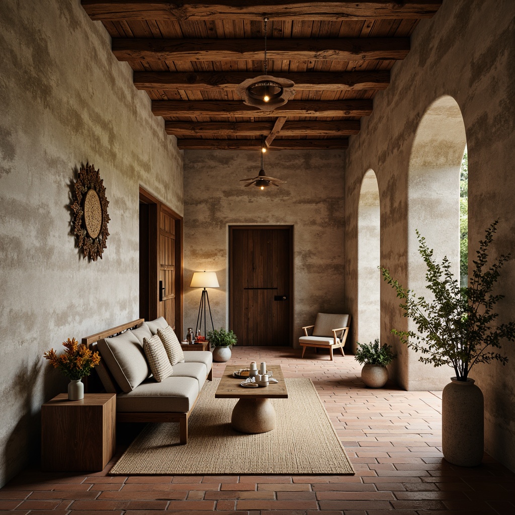 Prompt: Rustic farmhouse interior, distressed wood accents, vintage metal decorations, natural stone walls, earthy color palette, woven textiles, linen fabrics, jute rugs, wooden beams, brick archways, candlelit ambiance, warm soft lighting, shallow depth of field, 1/2 composition, realistic textures, ambient occlusion.