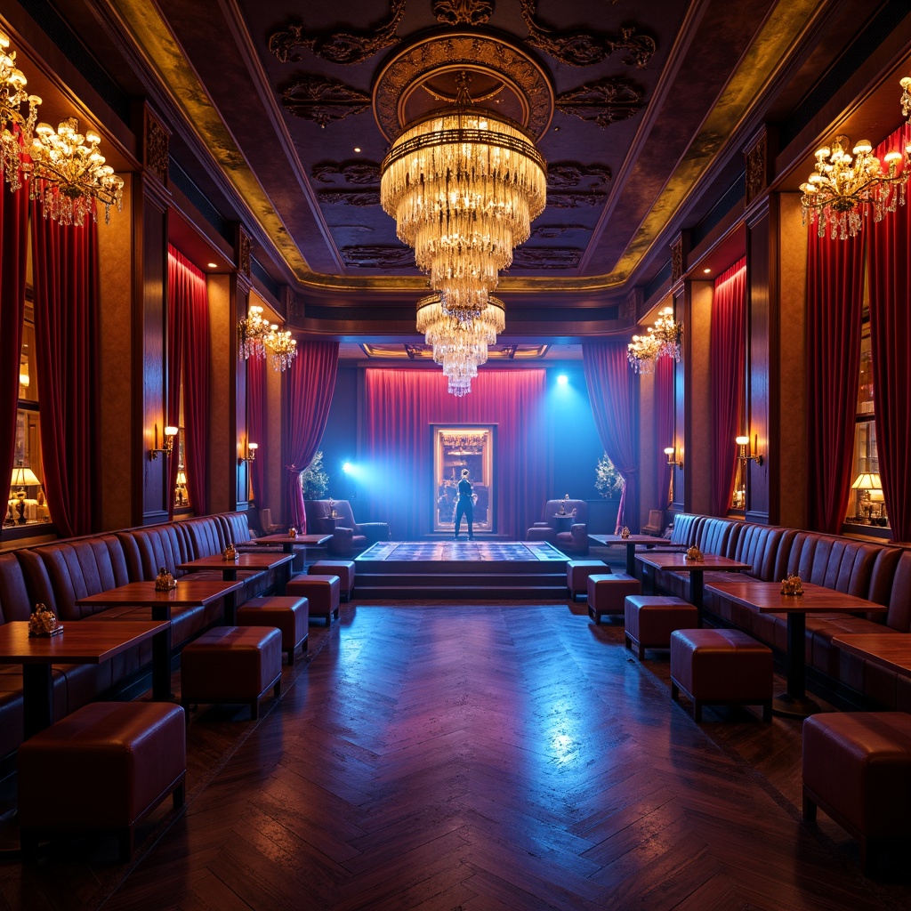 Prompt: Luxurious nightclub interior, rich velvet drapes, ornate golden chandeliers, lavish crystal decorations, dark wood accents, intimate seating areas, vibrant neon lights, strobe effects, LED dance floor, fog machines, misty atmosphere, dramatic spotlights, warm cozy ambiance, 3/4 composition, cinematic lighting, realistic reflections, high-contrast ratios.