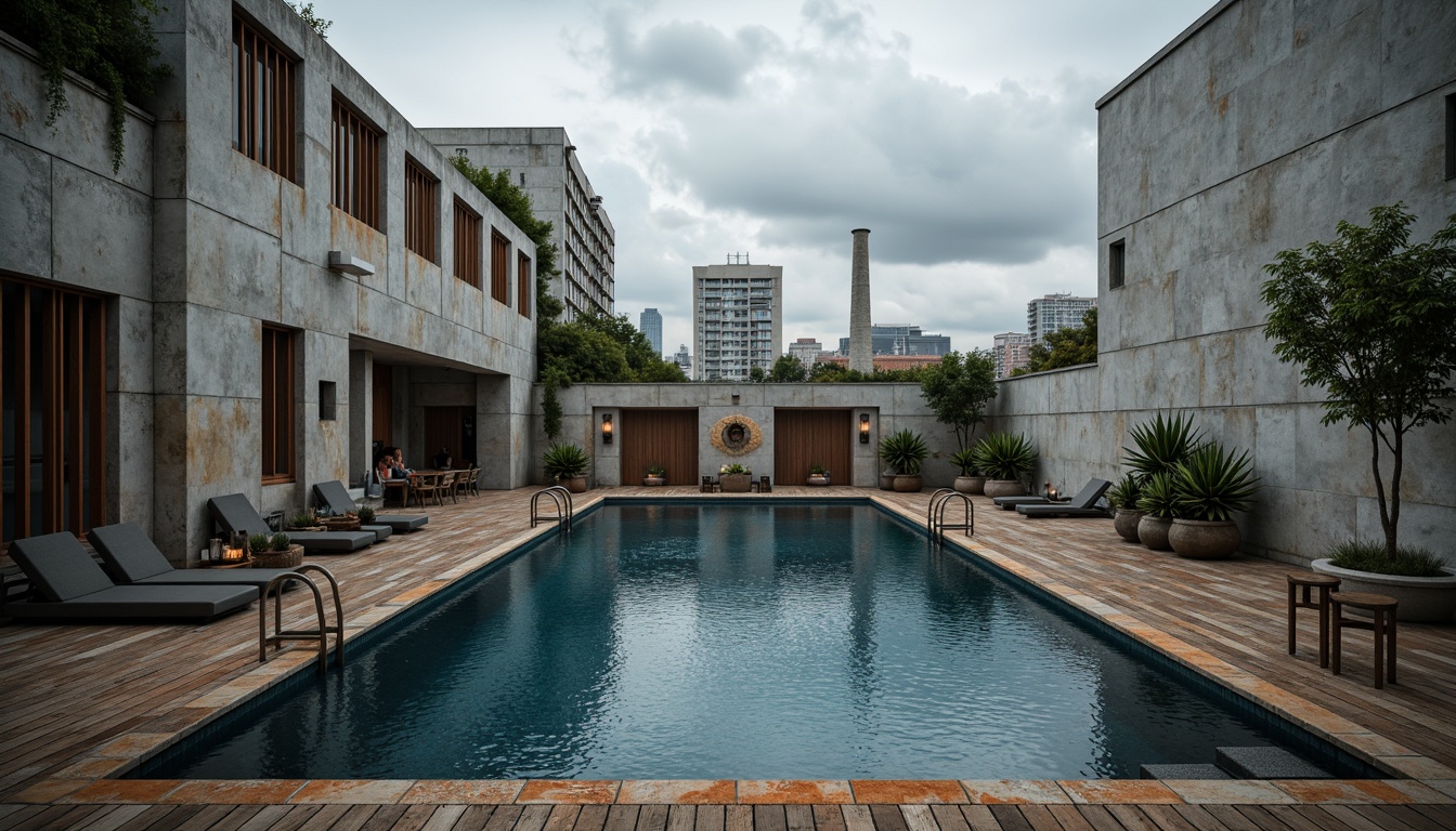 Prompt: Industrial-style swimming pool, distressed concrete walls, weathered metal railings, worn wooden decking, exposed ductwork, urban cityscape background, cloudy grey sky, dramatic shadowing, high-contrast lighting, shallow depth of field, 1/1 composition, gritty textures, realistic reflections, moody atmosphere, dark blue water, rusty orange accents, worn beige coping stones, industrial-style lanterns, metal ladders, functional pipes, minimalist architecture.