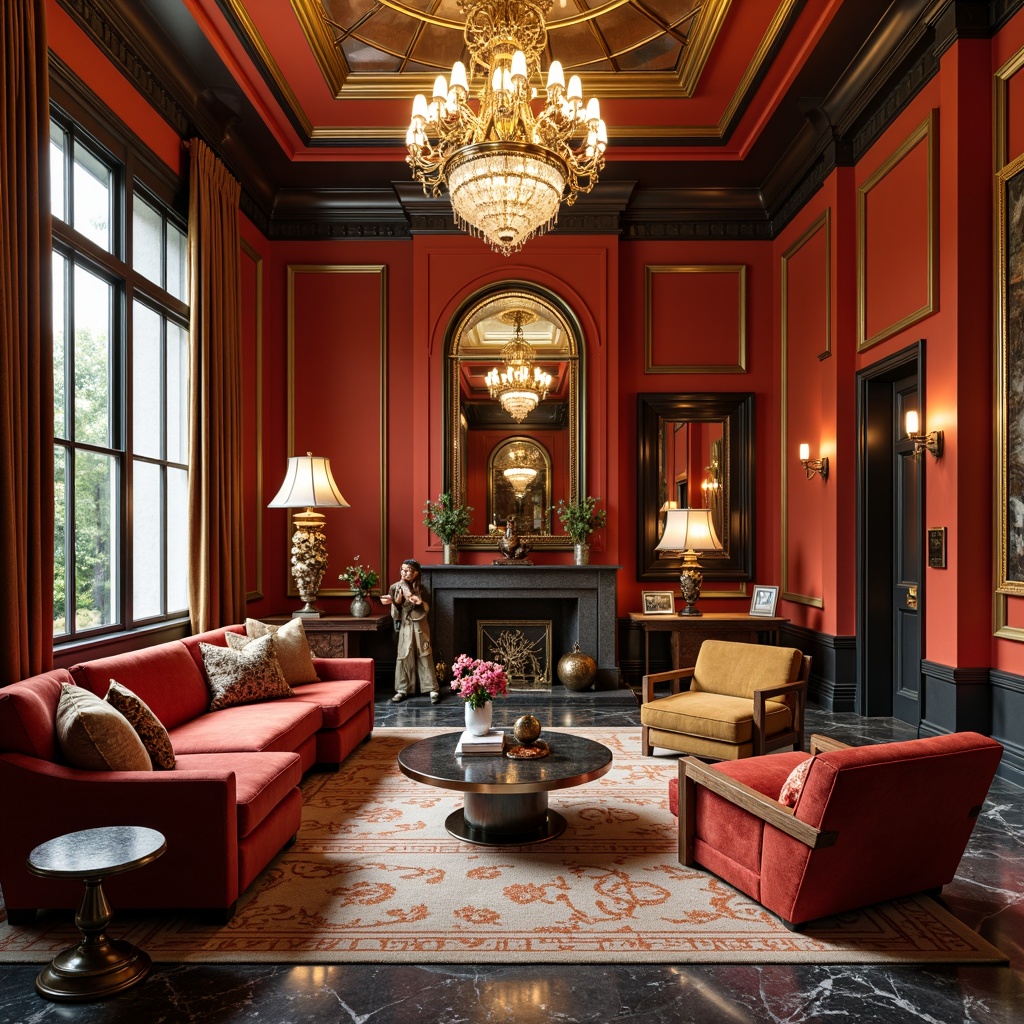 Prompt: Luxurious living room, rich velvet sofas, ornate wooden armchairs, geometric patterned rugs, metallic accents, chrome-edged coffee tables, curved lines, opulent chandeliers, bold colorful walls, exotic marble floors, lavish drapery, sophisticated sculptures, luxurious fabrics, sunburst mirrors, hexagonal shapes, glamorous lighting fixtures, high-gloss finishes, ornate metalwork, 1920s-inspired aesthetic, low-angle shot, dramatic shadows, warm golden lighting, shallow depth of field.