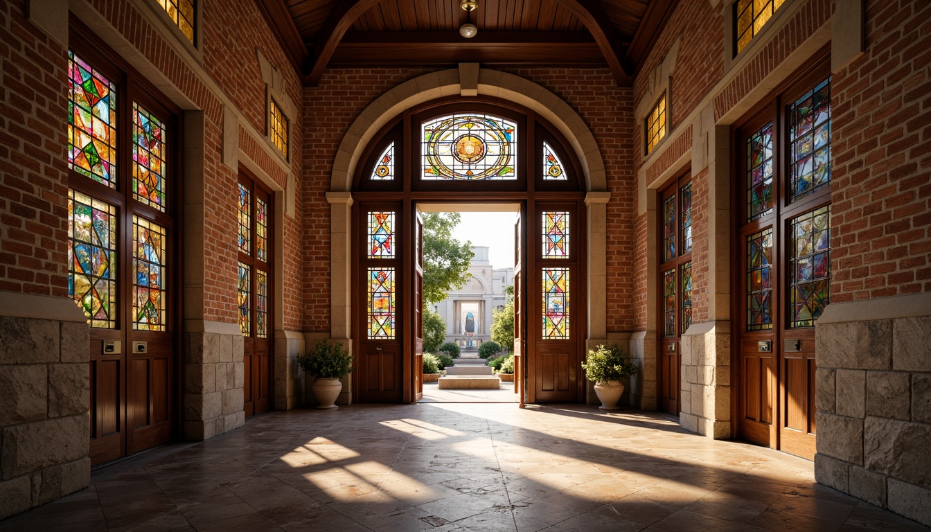 Prompt: Grand entrance hall, traditional wooden doors, ornate doorframes, stained glass panels, vibrant colorful patterns, Gothic-inspired arches, intricate stone carvings, rustic brick walls, warm golden lighting, soft shadows, 1/1 composition, shallow depth of field, realistic textures, ambient occlusion.